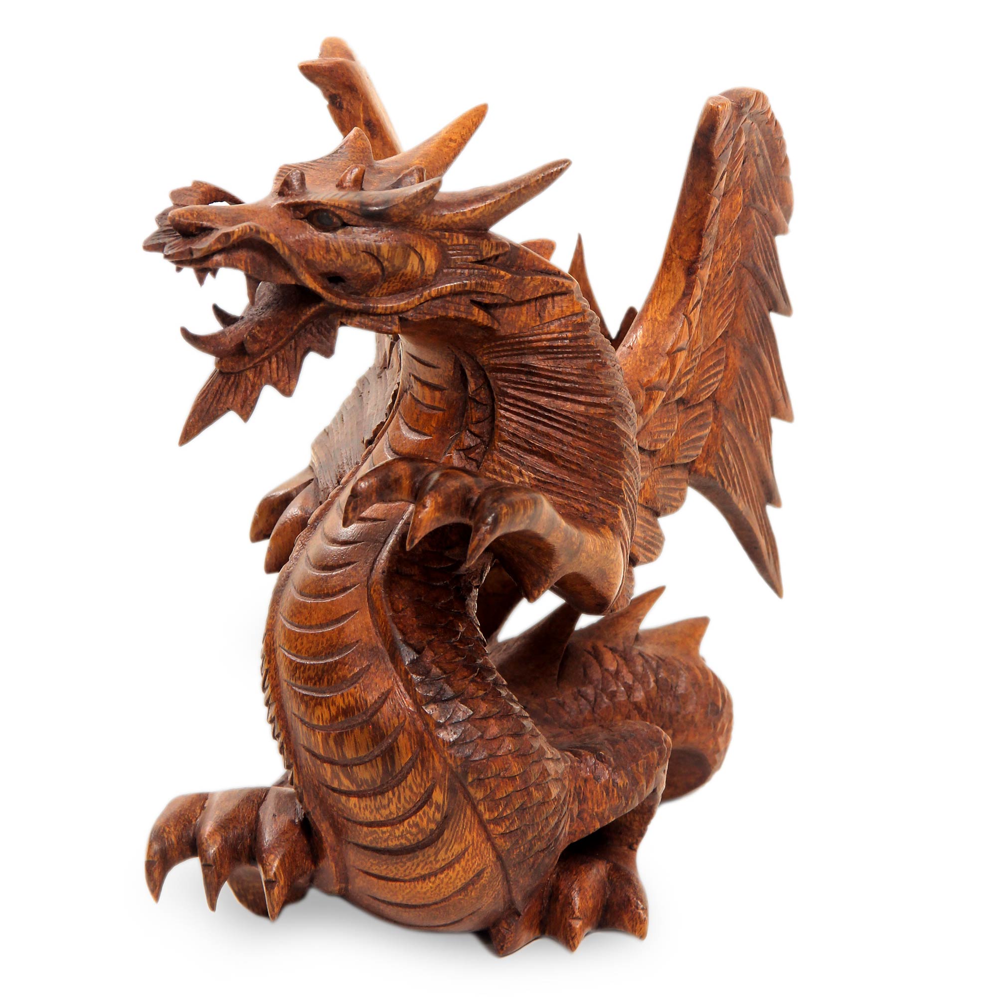 Premium Hand-Carved Winged Dragon Sculpture in Suar Wood