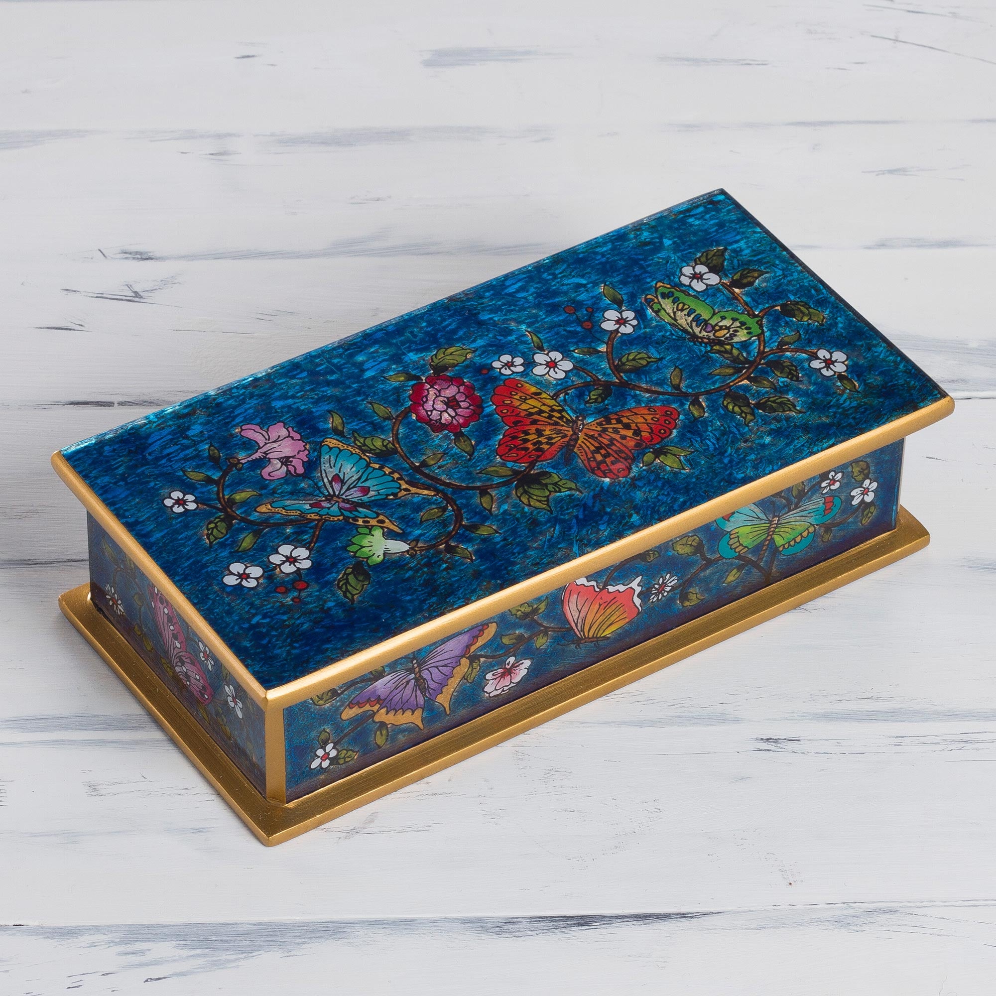 Premium Handcrafted Cyan Butterfly Jubilee Box - Fair Trade Artisan Treasure