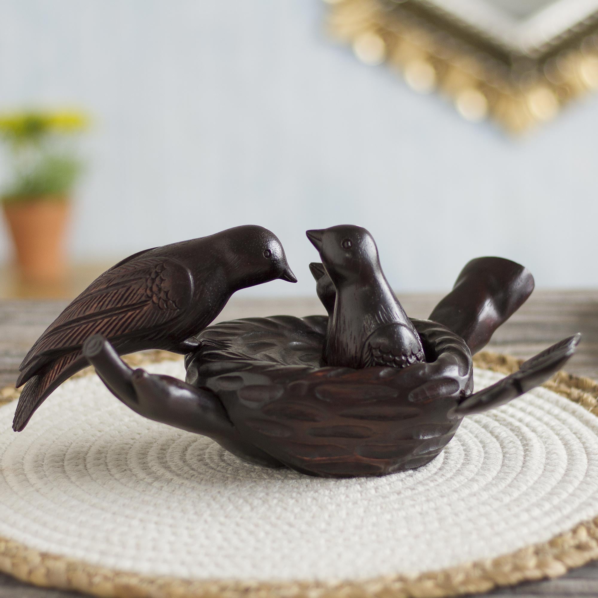 Premium Mother's Nest Hand-Carved Cedar Wood Sculpture – Bird-Themed Art from Peru