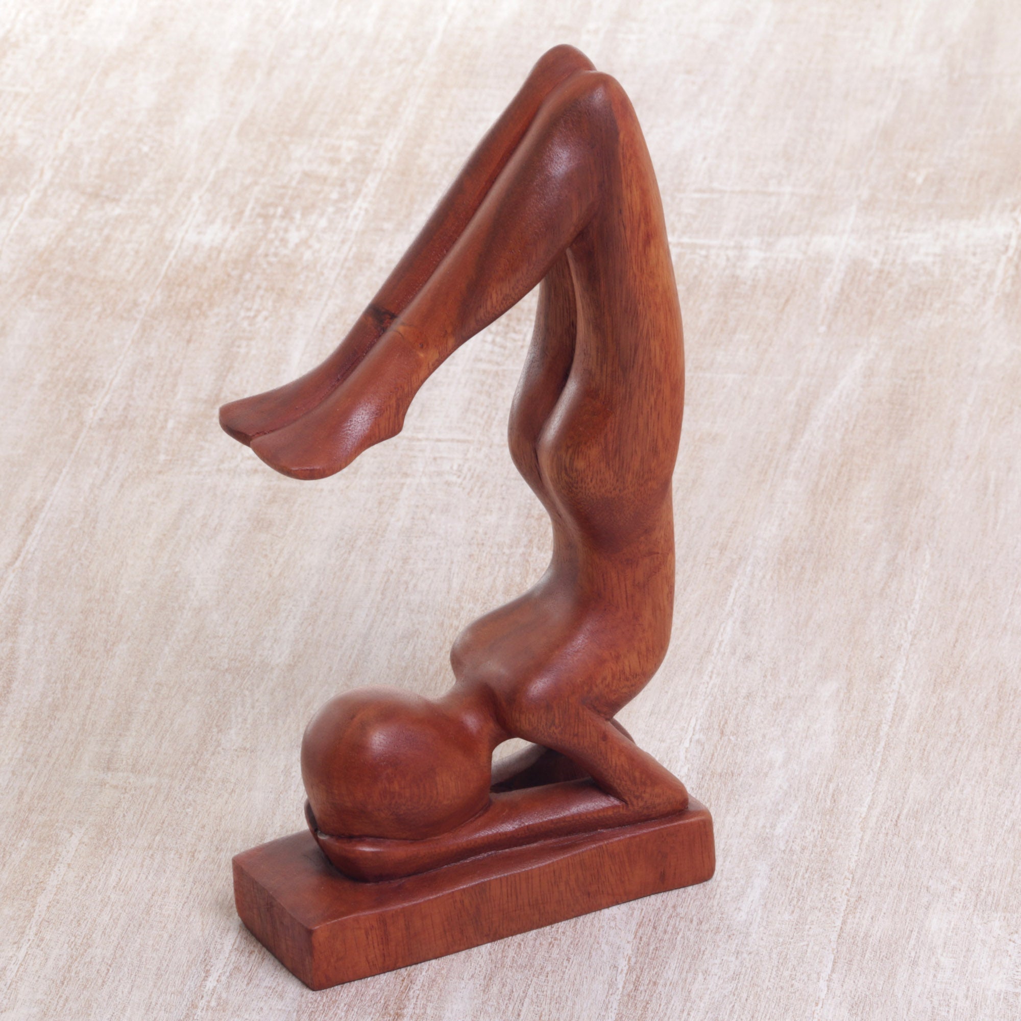 Premium Handmade Sirsasana Yoga Statuette – Brown Suar Wood Art Piece
