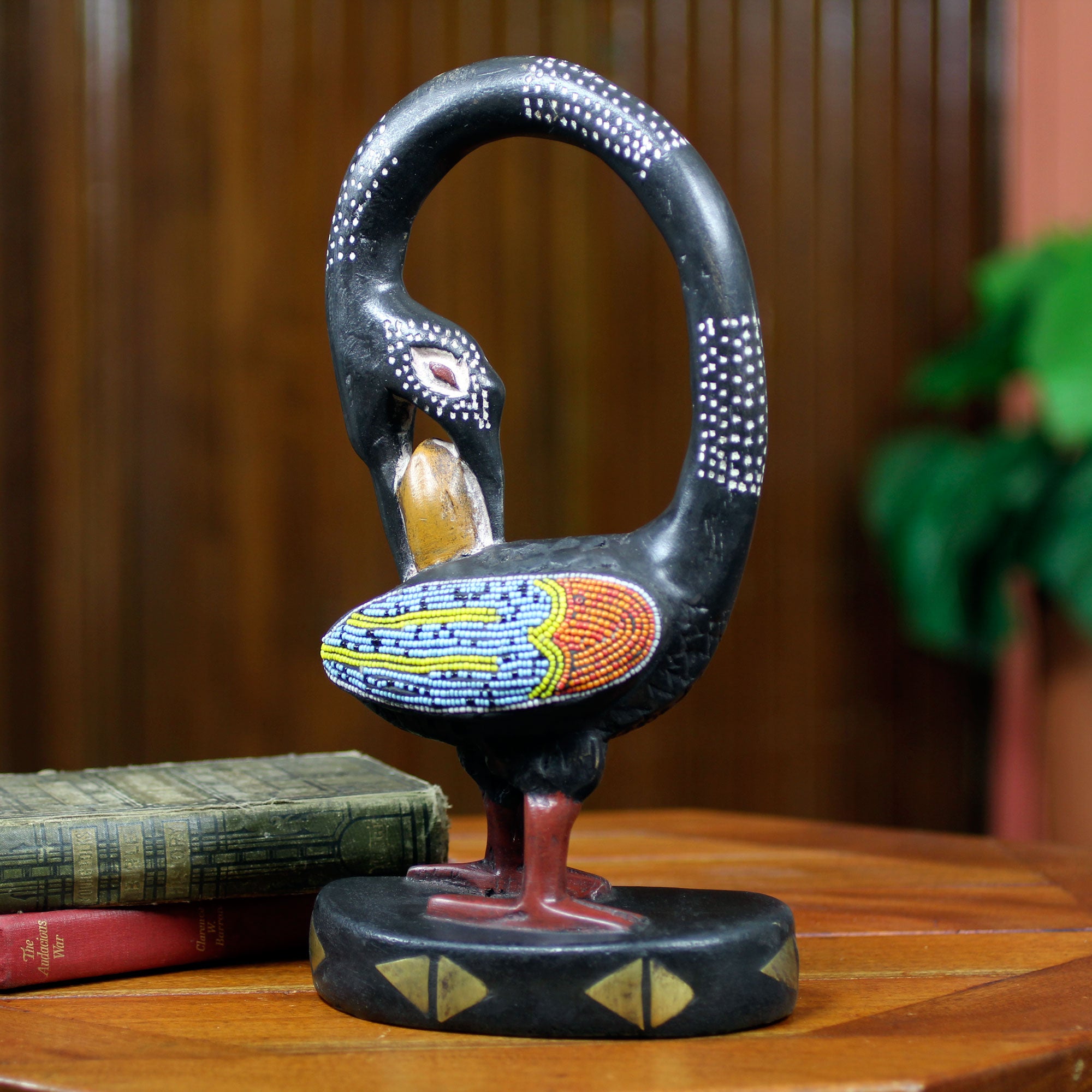 Premium Sankofa Bird Wood Sculpture with Recycled Glass Beads
