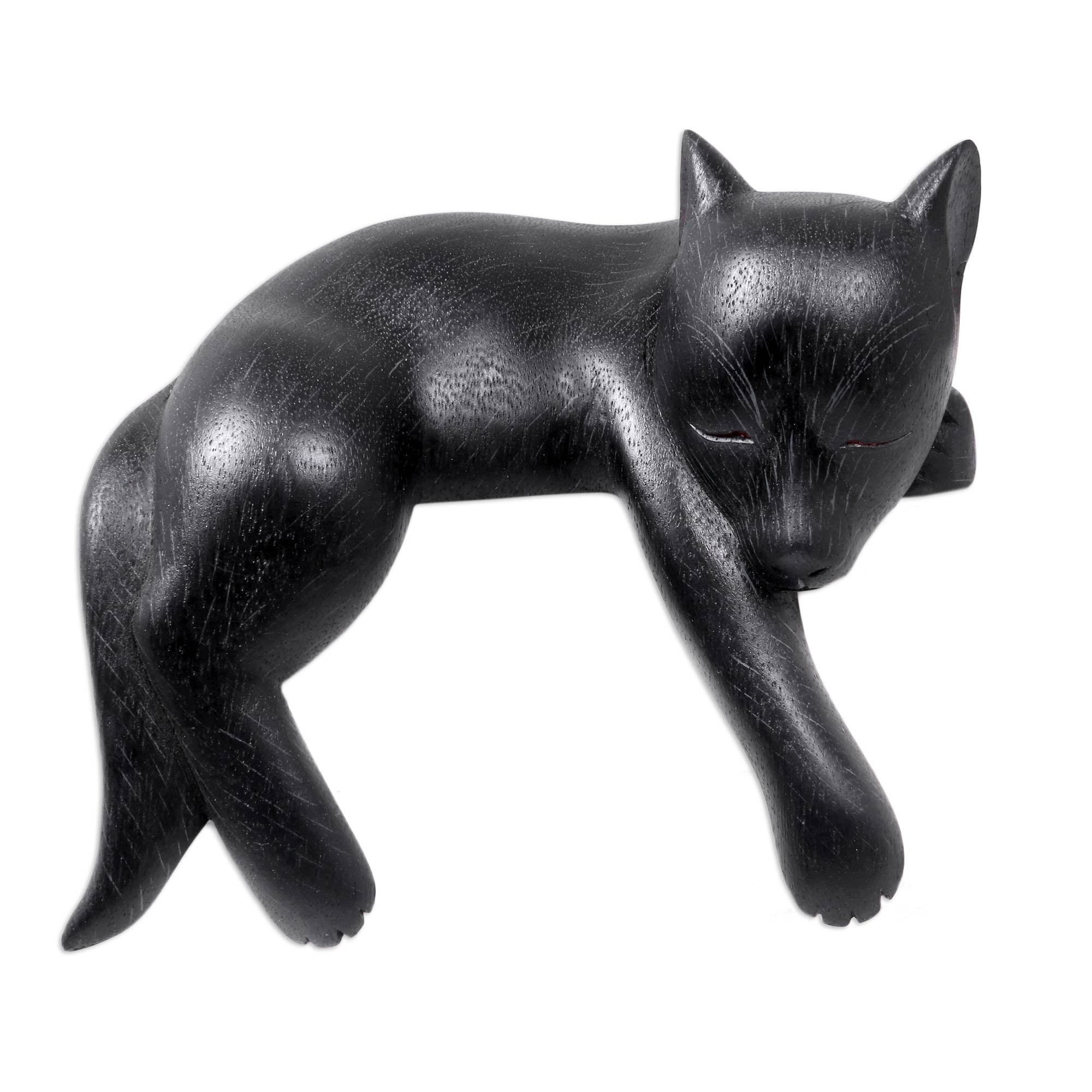 Premium Handcrafted Suar Wood Sleeping Dog Statuette - Kintamani Black
