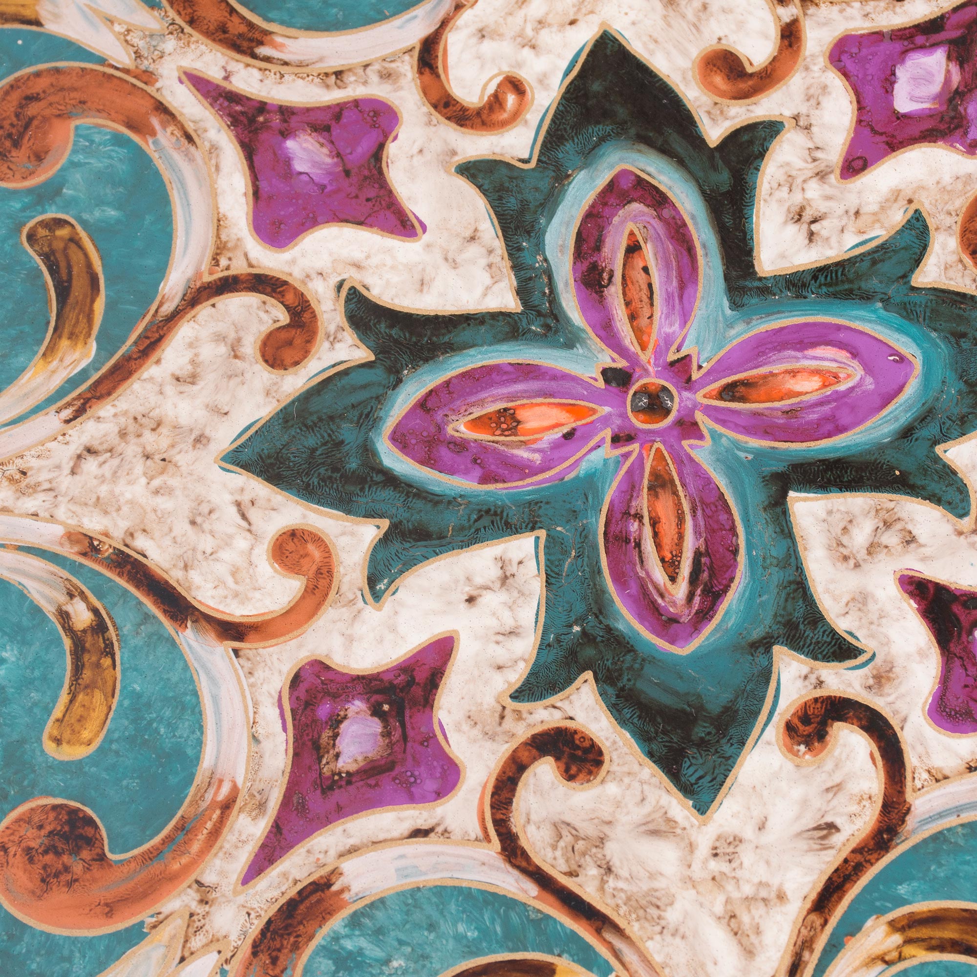Premium Colonial Elegance Reverse Painted Glass & Wood Turquoise Floral Round Tray