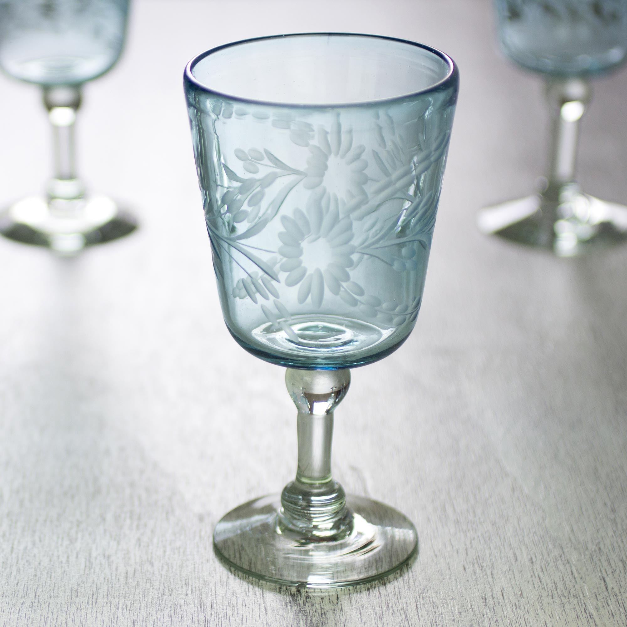 Premium Aquamarine Sunflower Hand-Blown Wine Glasses Set of 6 - Unique Artisan Craftsmanship