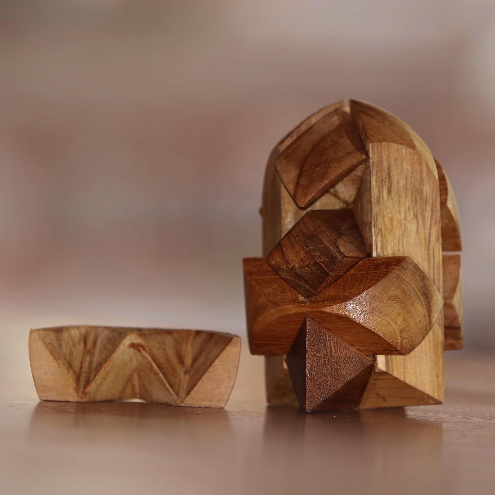 Premium Teak Wood Brainteaser Puzzle - Handcrafted Rocket Design from Java
