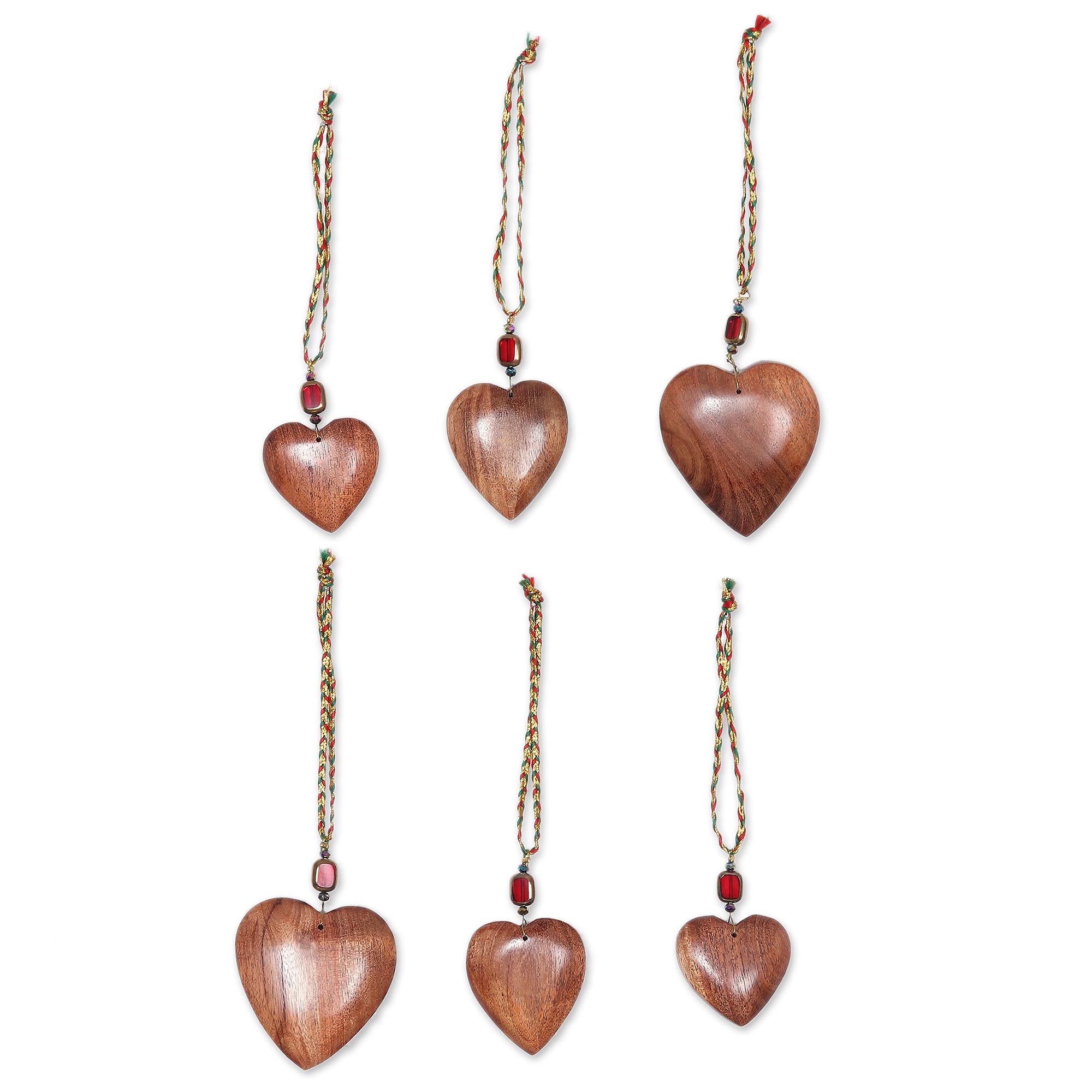 Premium Hand-Carved Hearts of Joy Wood Ornaments (Set of 6)