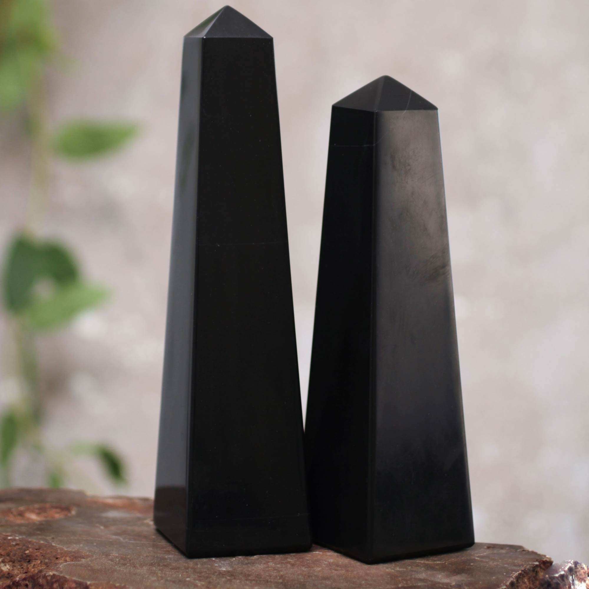 Premium Black Onyx Handcrafted Obelisk Sculpture Pair