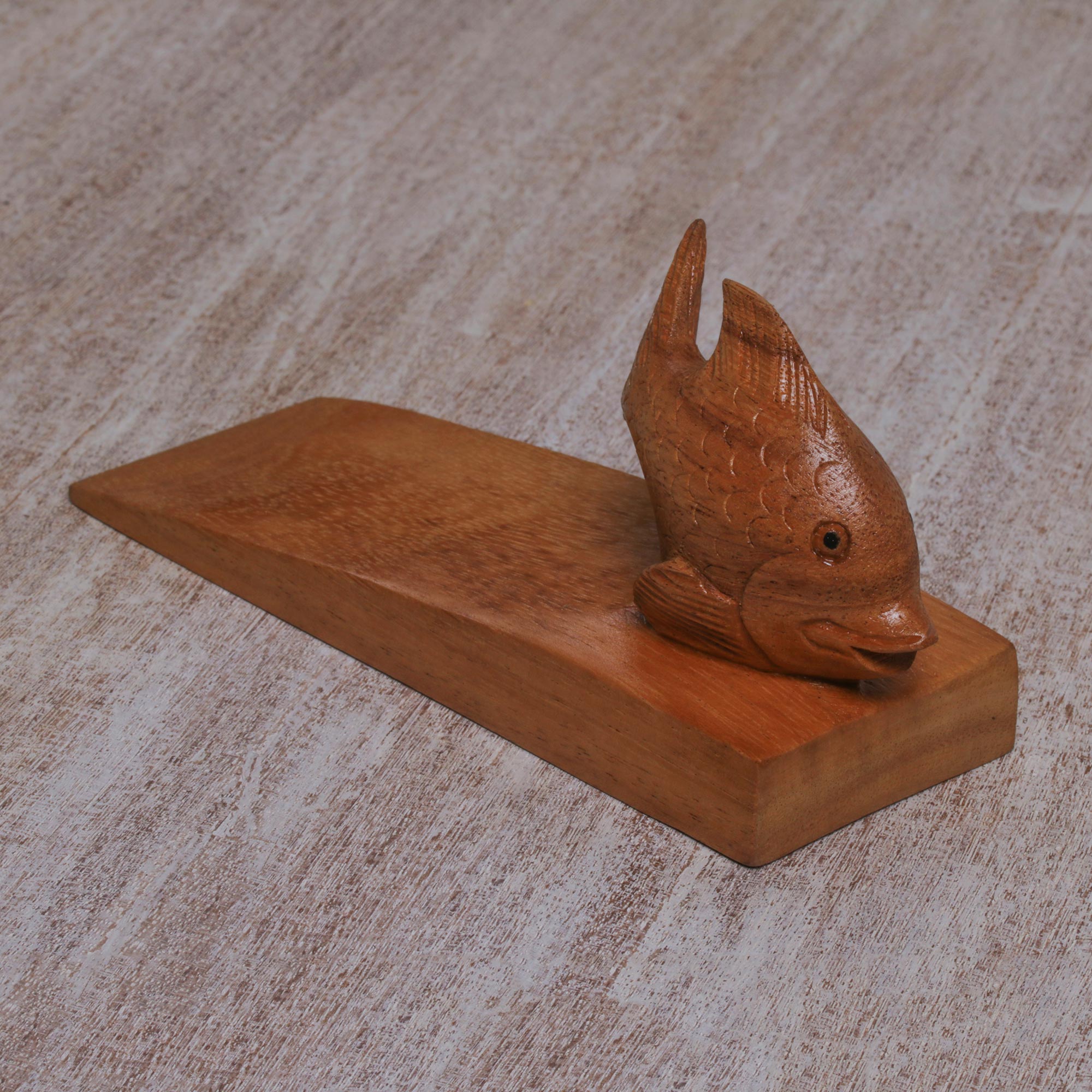 Premium Handcrafted Suar Wood Goldfish Doorstop from Bali - Natural Brown Finish