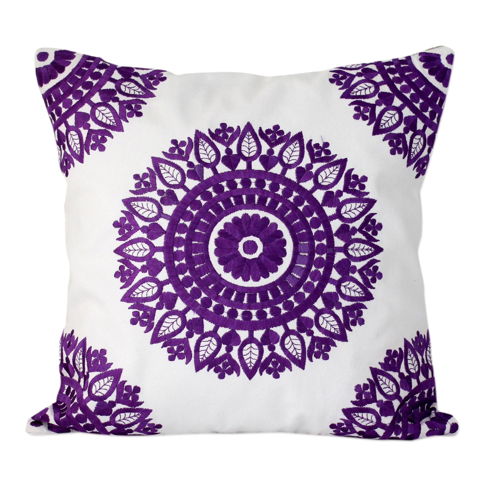Premium Amethyst Mandalas Embroidered Cushion Covers - Purple on White (Pair)