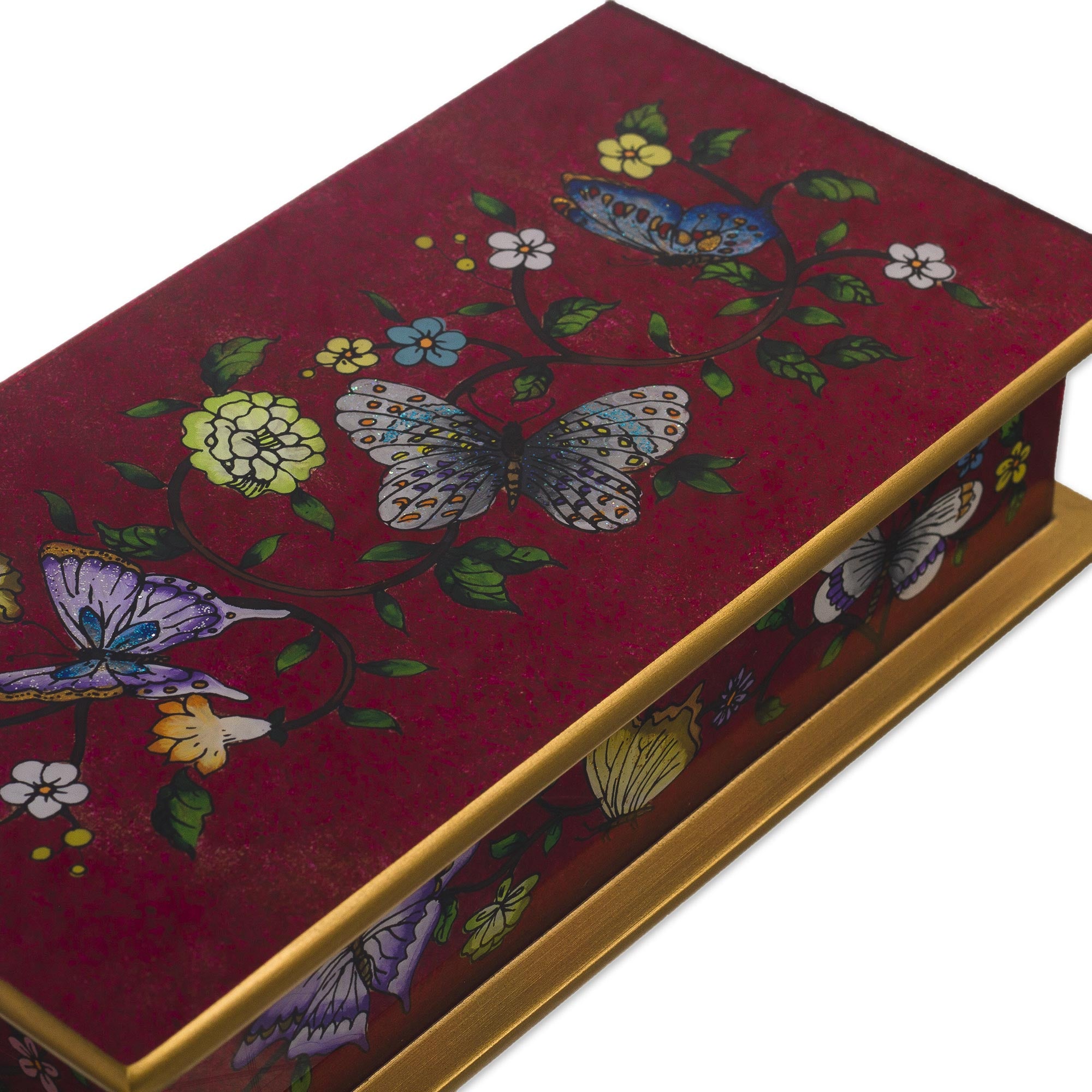 Premium Burgundy Reverse-Painted Glass Decorative Box with Butterflies