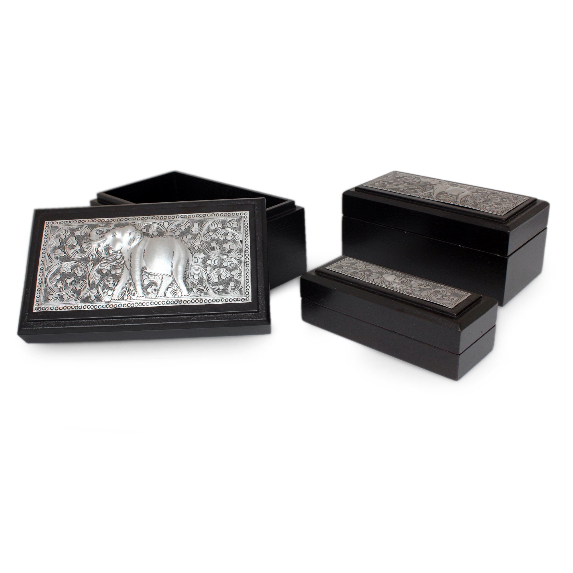 Premium Siamese Elephant Decorative Box Set - Handcrafted Wood & Nickel