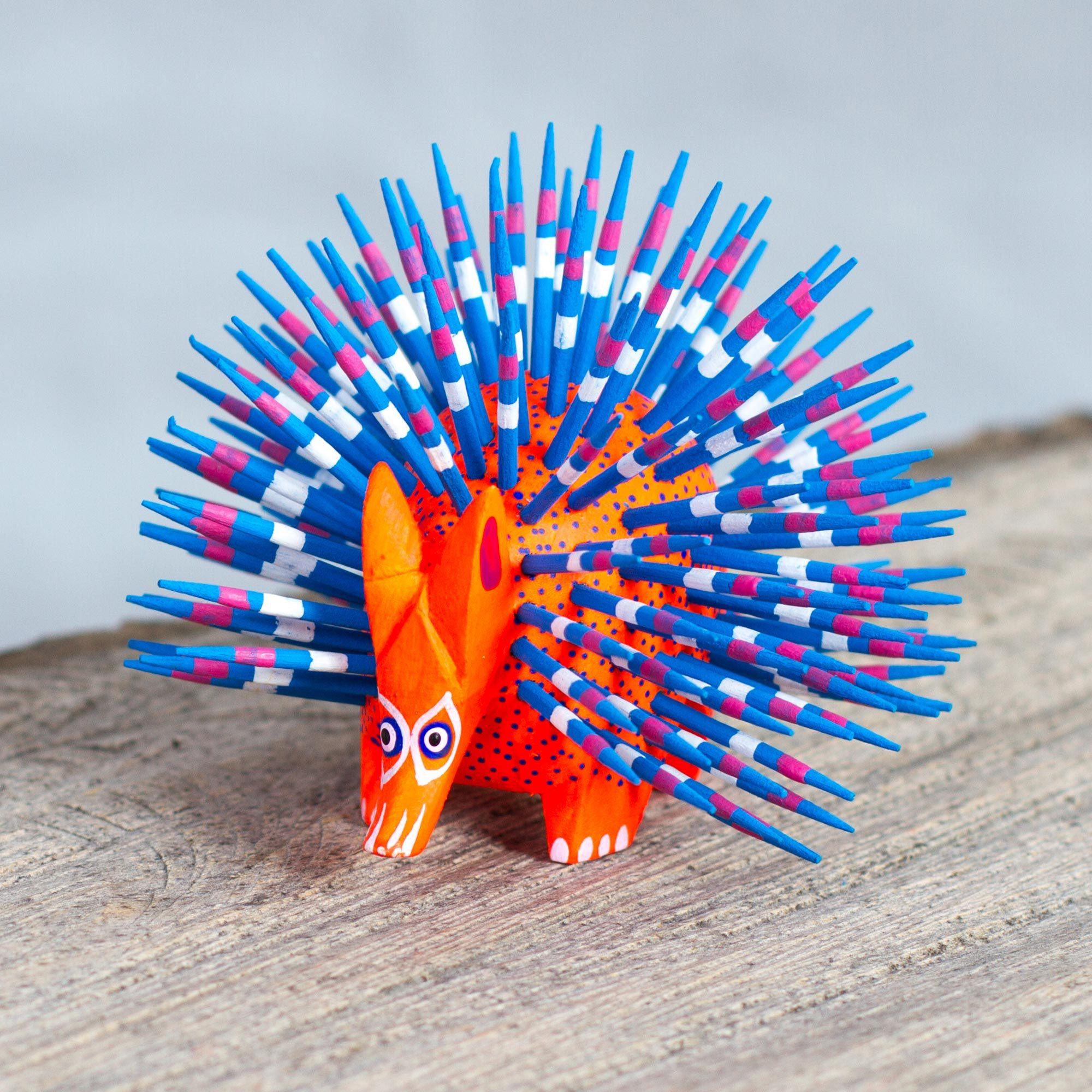 Premium Handpainted Porcupine Sculpture - Blue & Red Artisan Craft