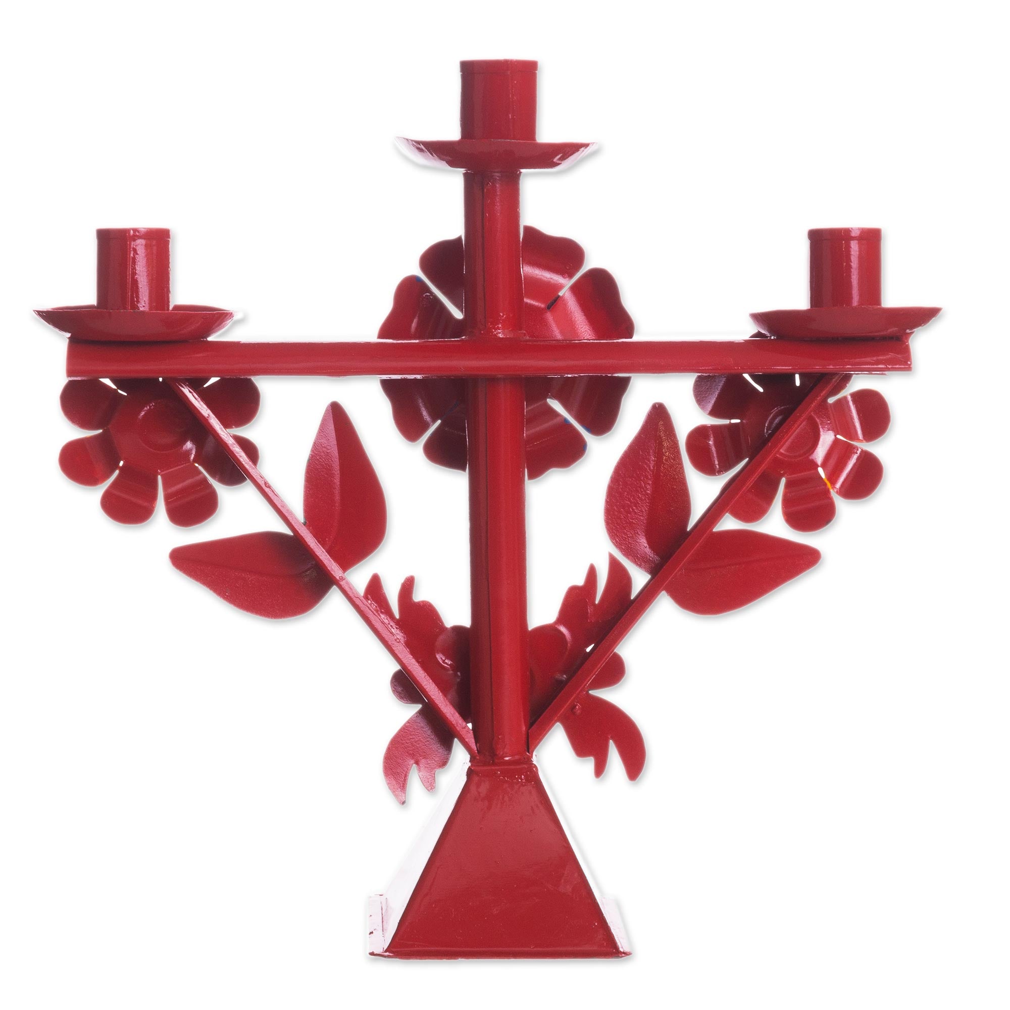 Premium Handcrafted Red Floral Recycled Metal Candelabra from Peru