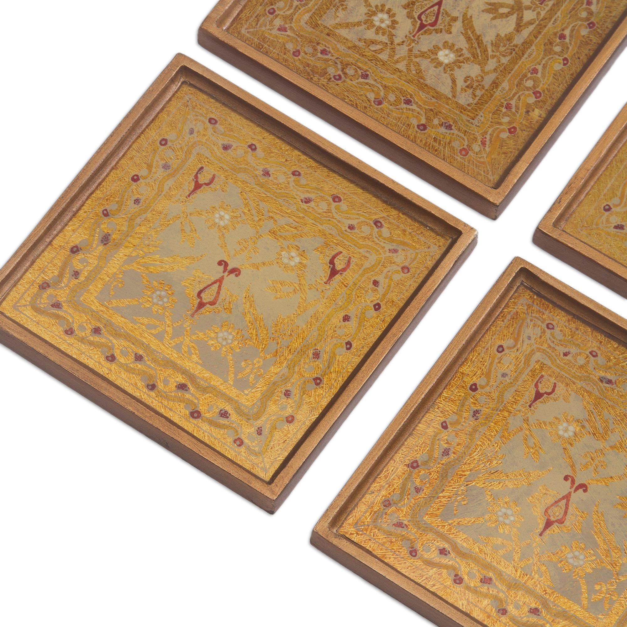 Premium Colonial Gold Floral Coasters Set - Handcrafted Reverse Painted Glass