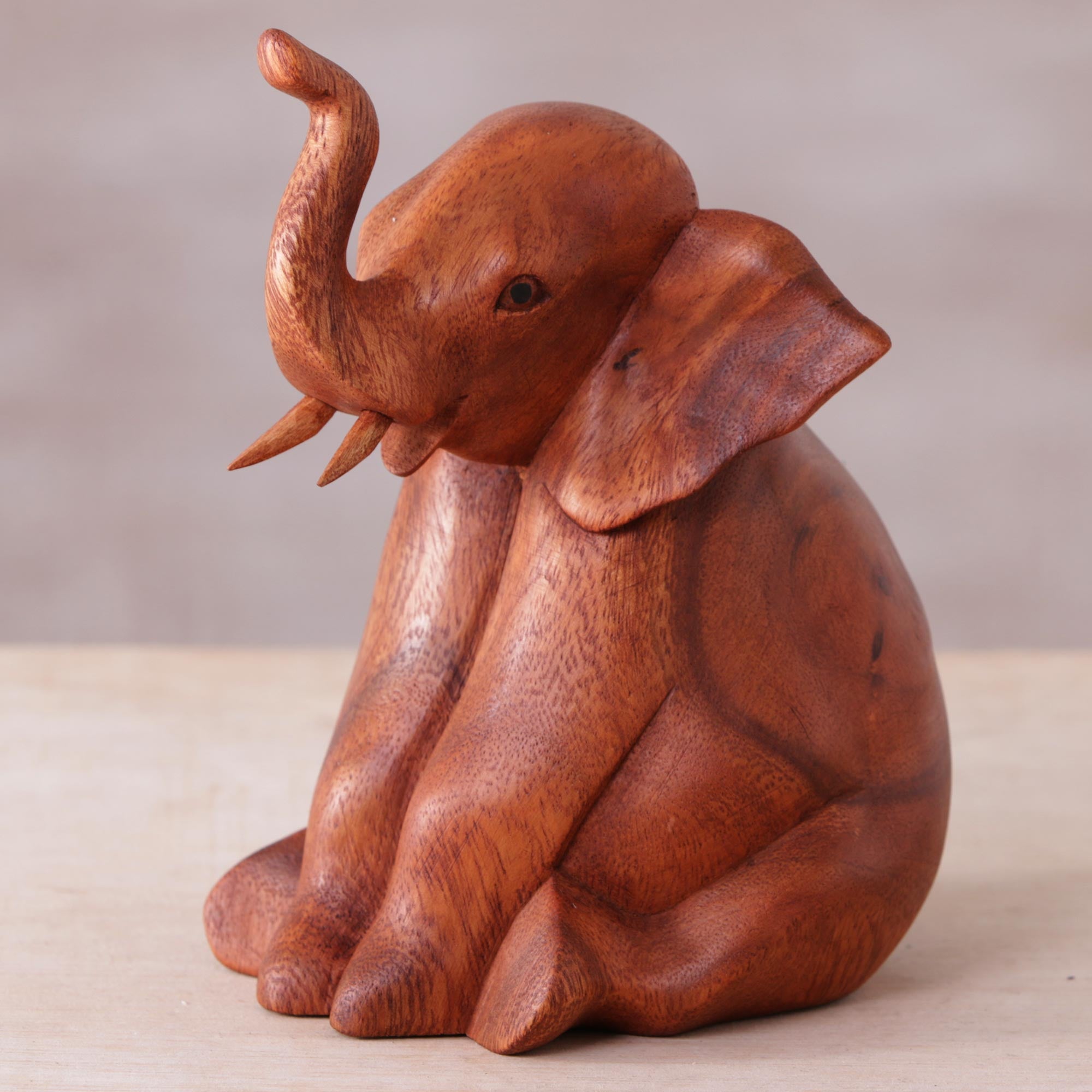 Premium Hand-Carved Suar Wood Baby Elephant Sculpture - Artisan Signed