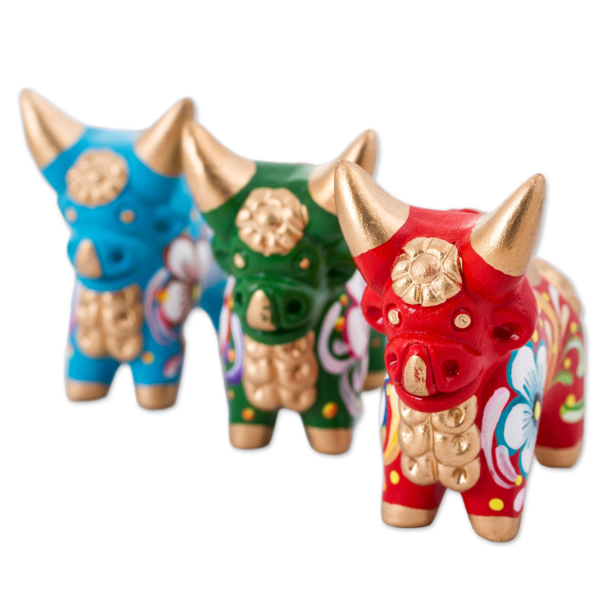 Premium Tricolor Pucara Bulls Ceramic Sculpture Set