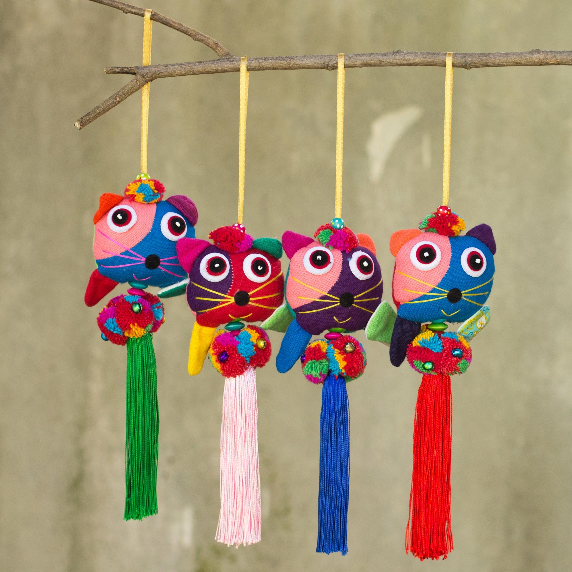 Premium Handcrafted Thai Cat Cotton Ornaments - Festive 4-Piece Set