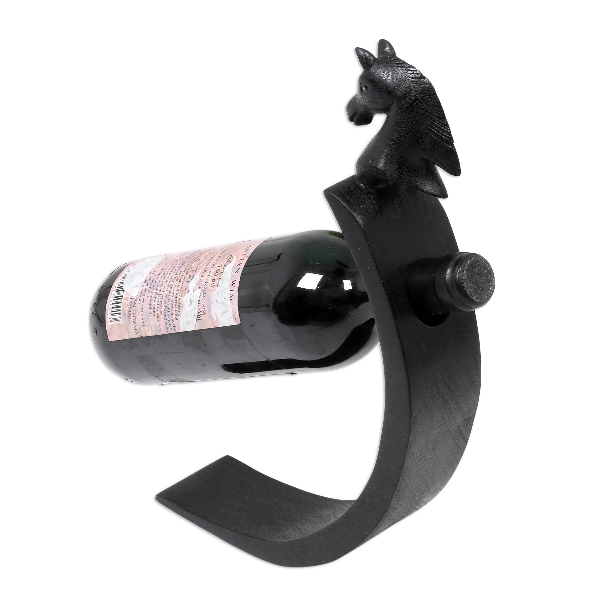 Premium Black Balinese Pony Wine Bottle Holder – Handcrafted Wooden Art Piece