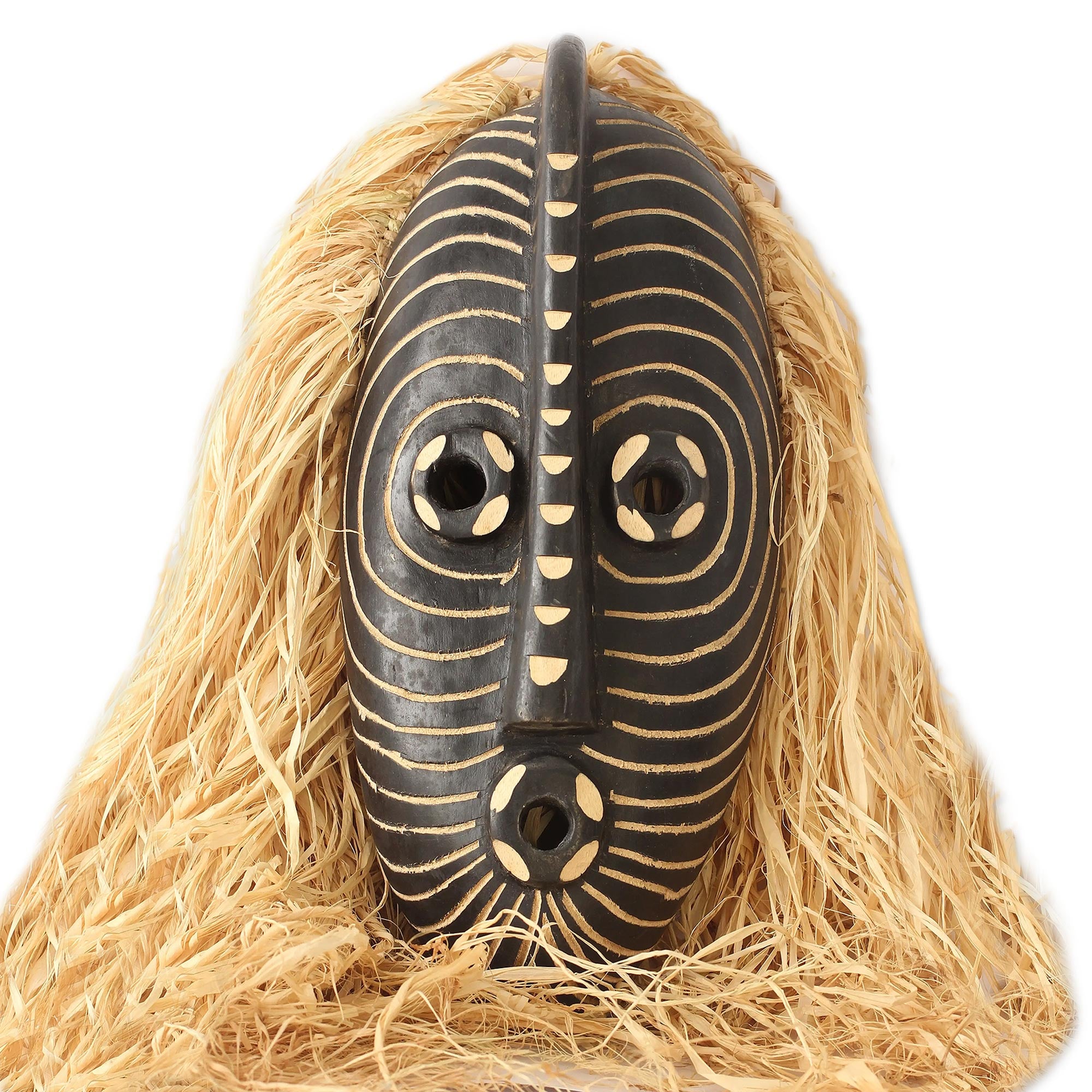Premium Hand-Carved African Water Spirit Mask with Raffia Hair