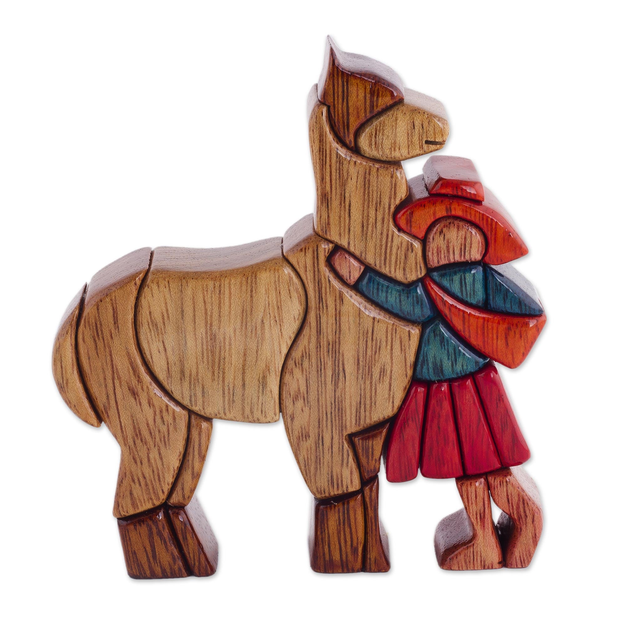 Premium Hand-Carved Llama & Girl Sculpture - Cedar & Mahogany Art Piece