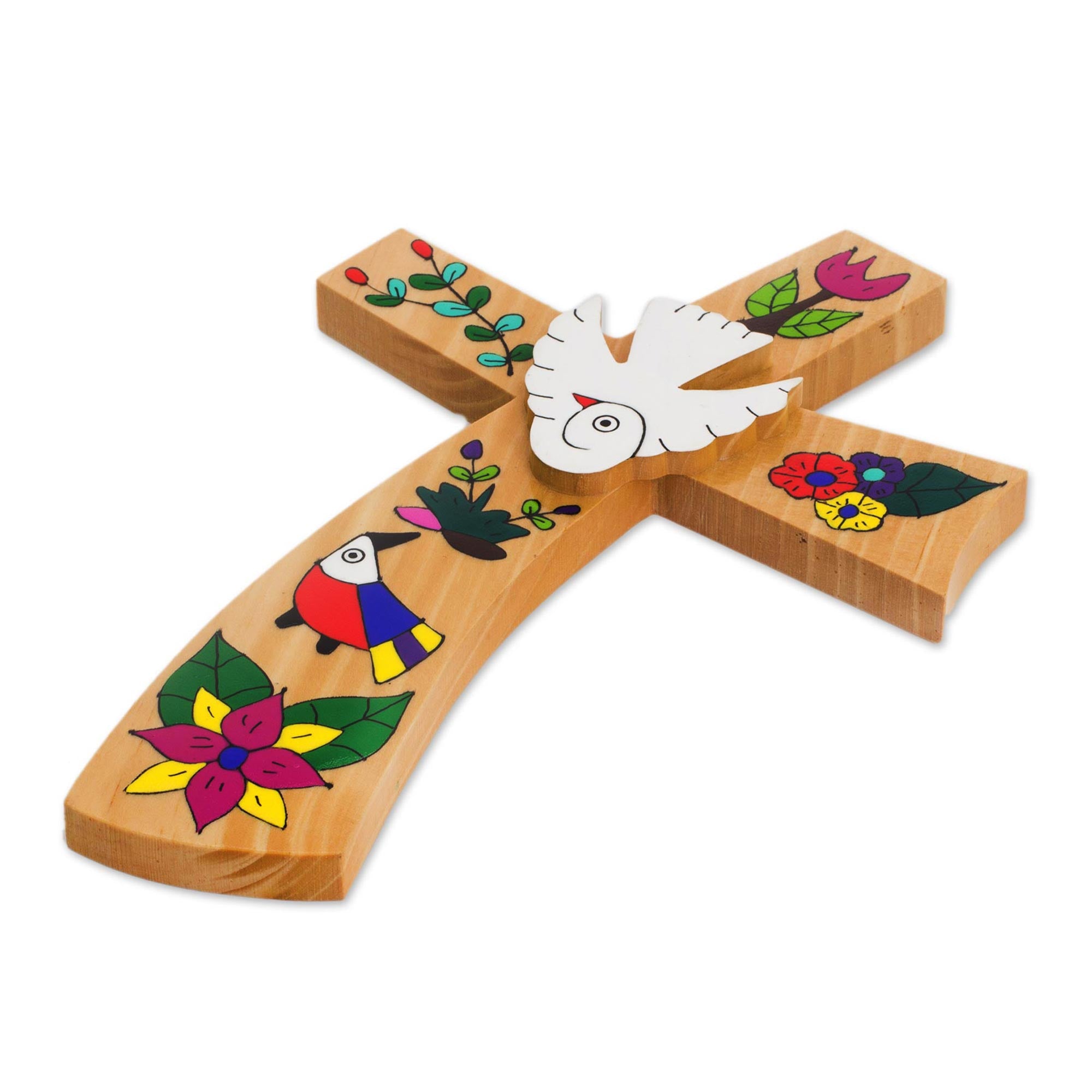 Premium Hand-Painted Pinewood Wall Cross with Bird & Floral Motifs – Holy Spirit Dove Design