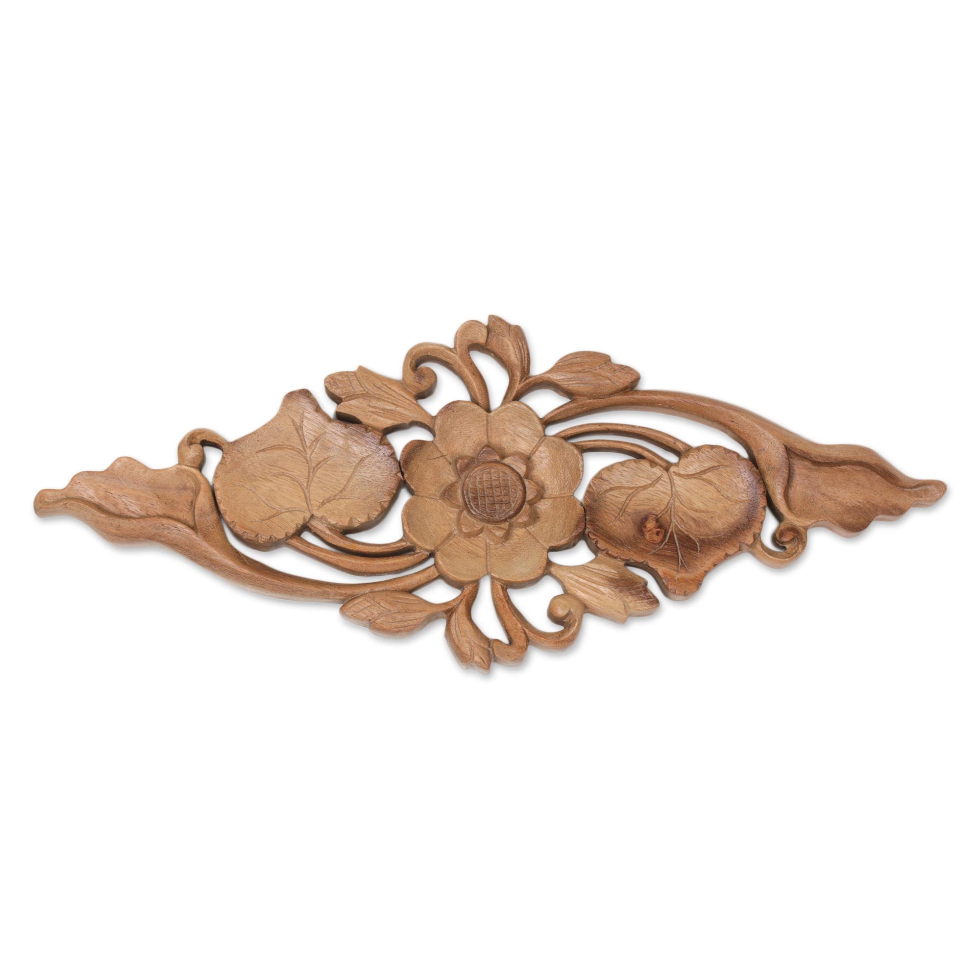 Premium Lily Love Suar Wood Wall Art - Handcrafted in Bali