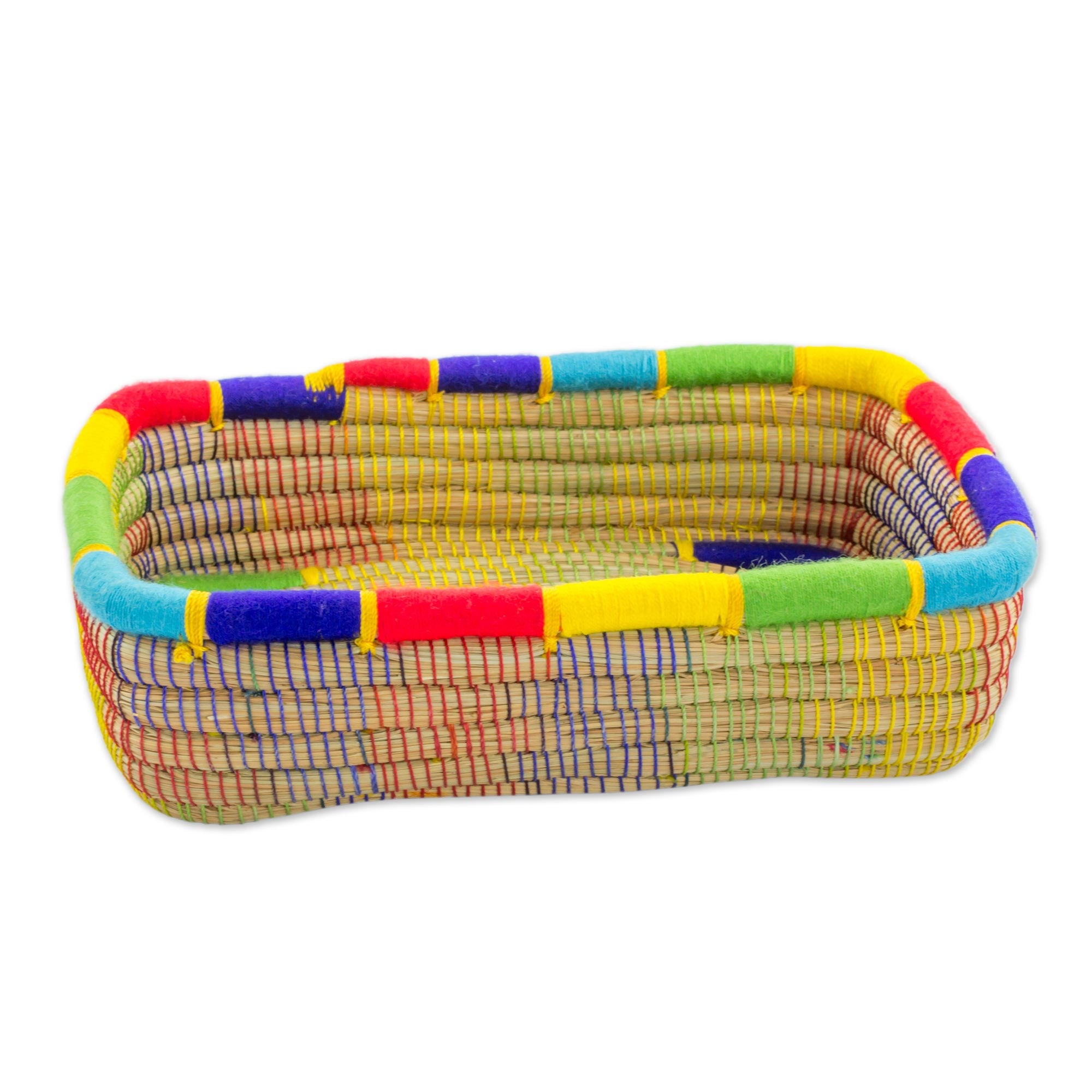 Premium Nicaraguan Handwoven Pine Needle Baskets - Multicolored Rainbow Trim, Set of 2