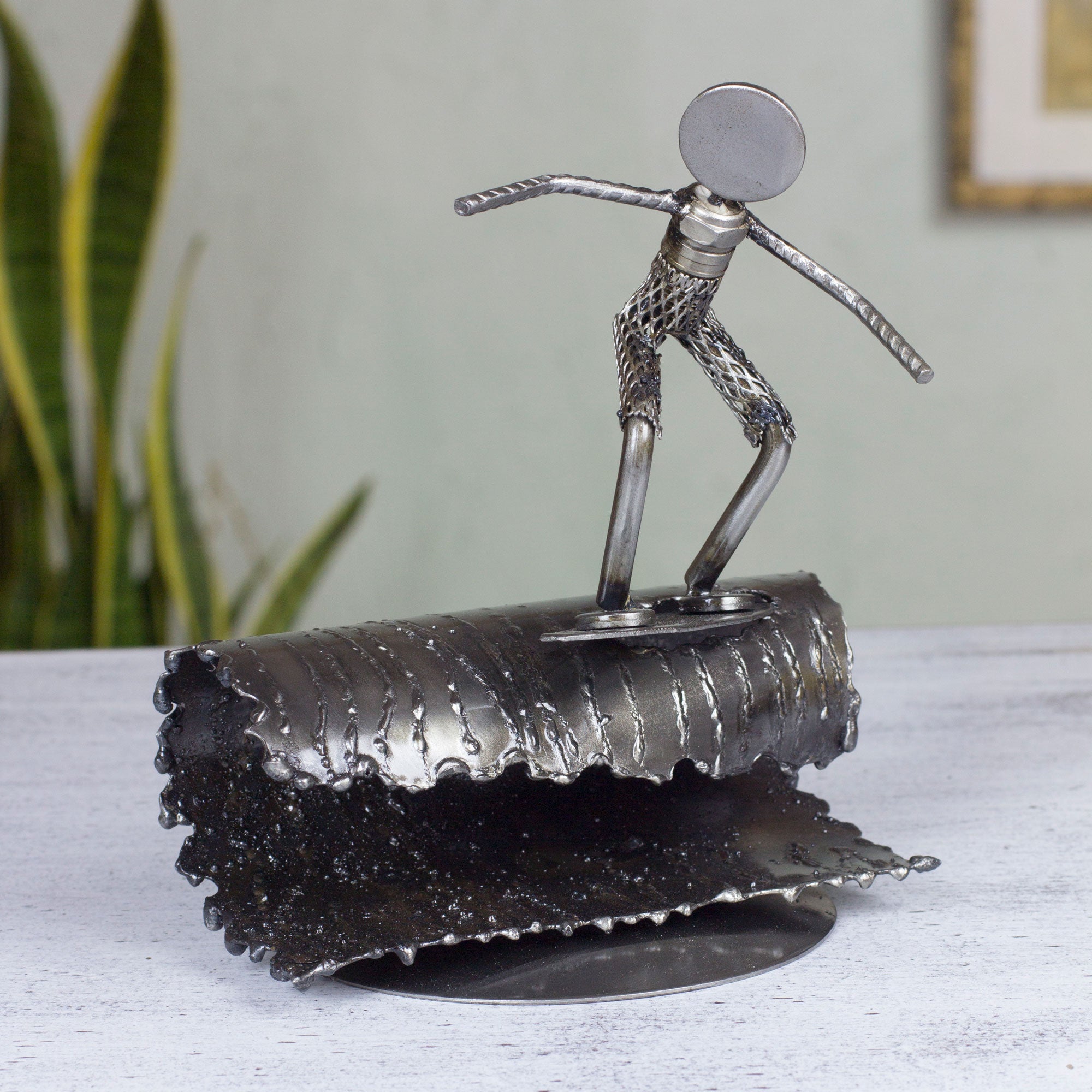 Premium Rustic Surfer Recycled Metal Sculpture - Handmade Art Piece