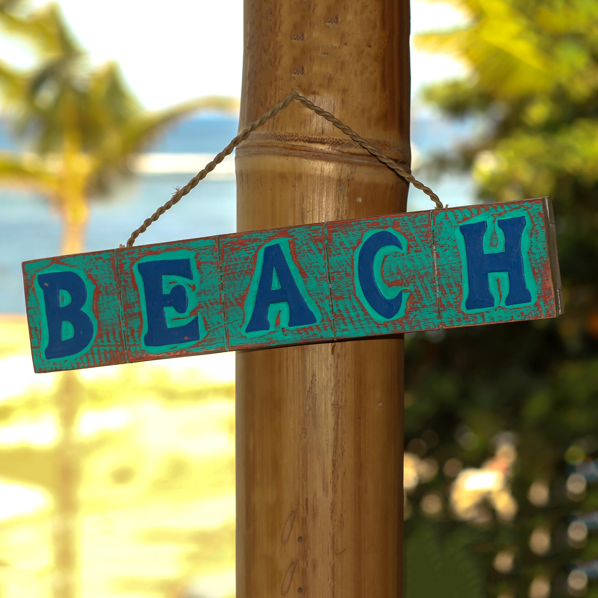 Premium Hand-Carved 'Beach' Wall Art - Turquoise & Red Indonesian Wood Sign