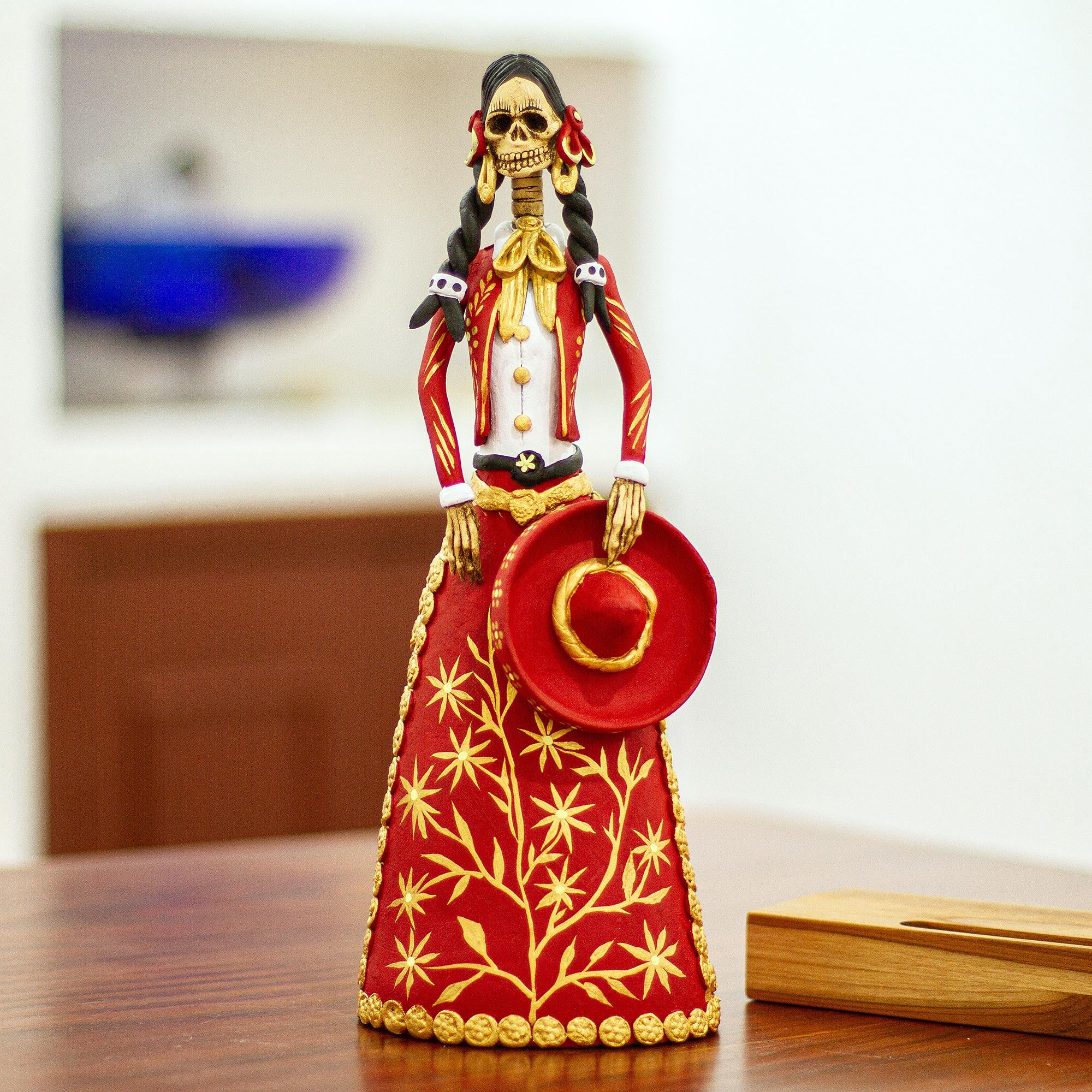 Premium La Catrina Charra Sculpture - Handcrafted Red & Gold Mexican Art