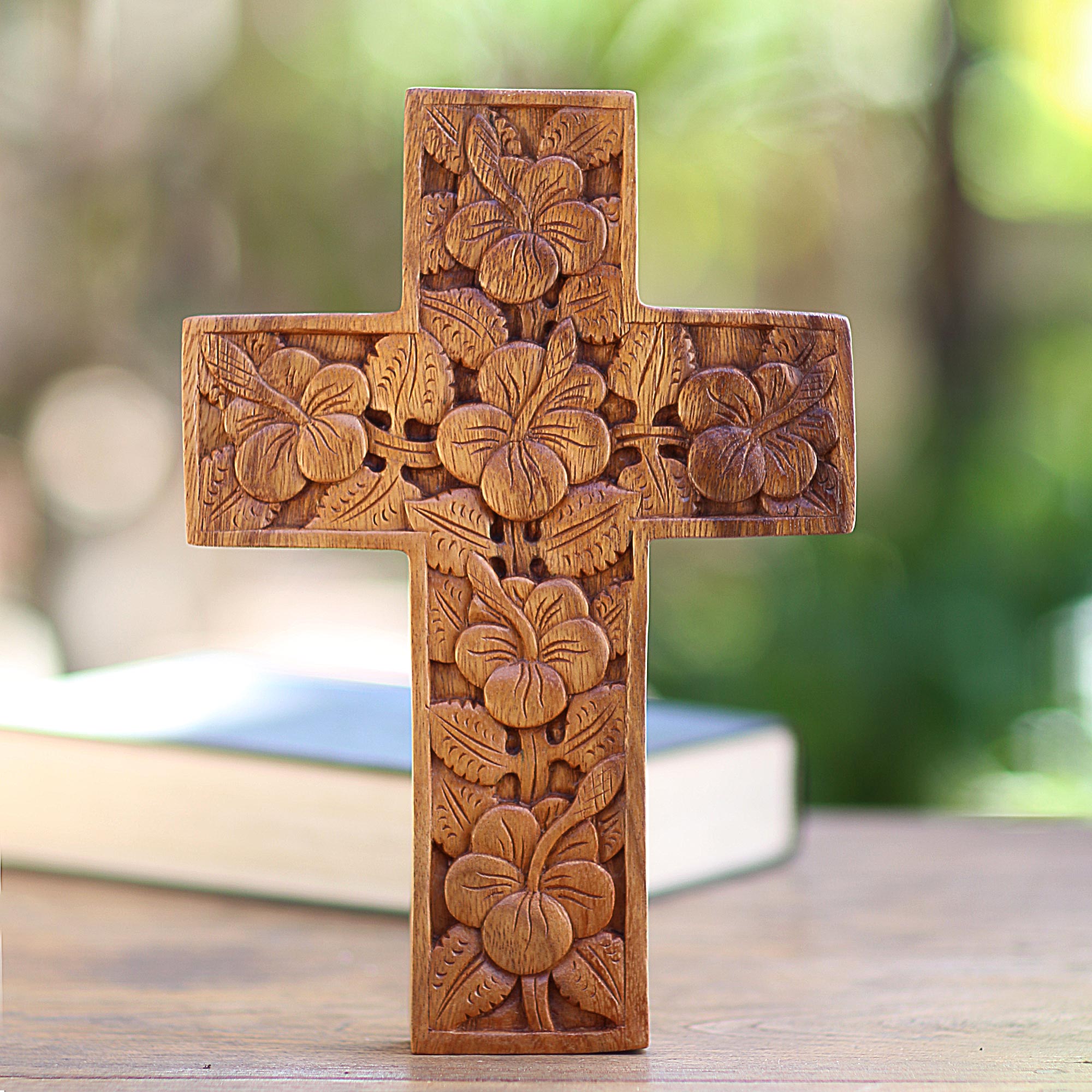 Premium Hand-Carved Hibiscus Wood Cross Sculpture - Tropical Elegance
