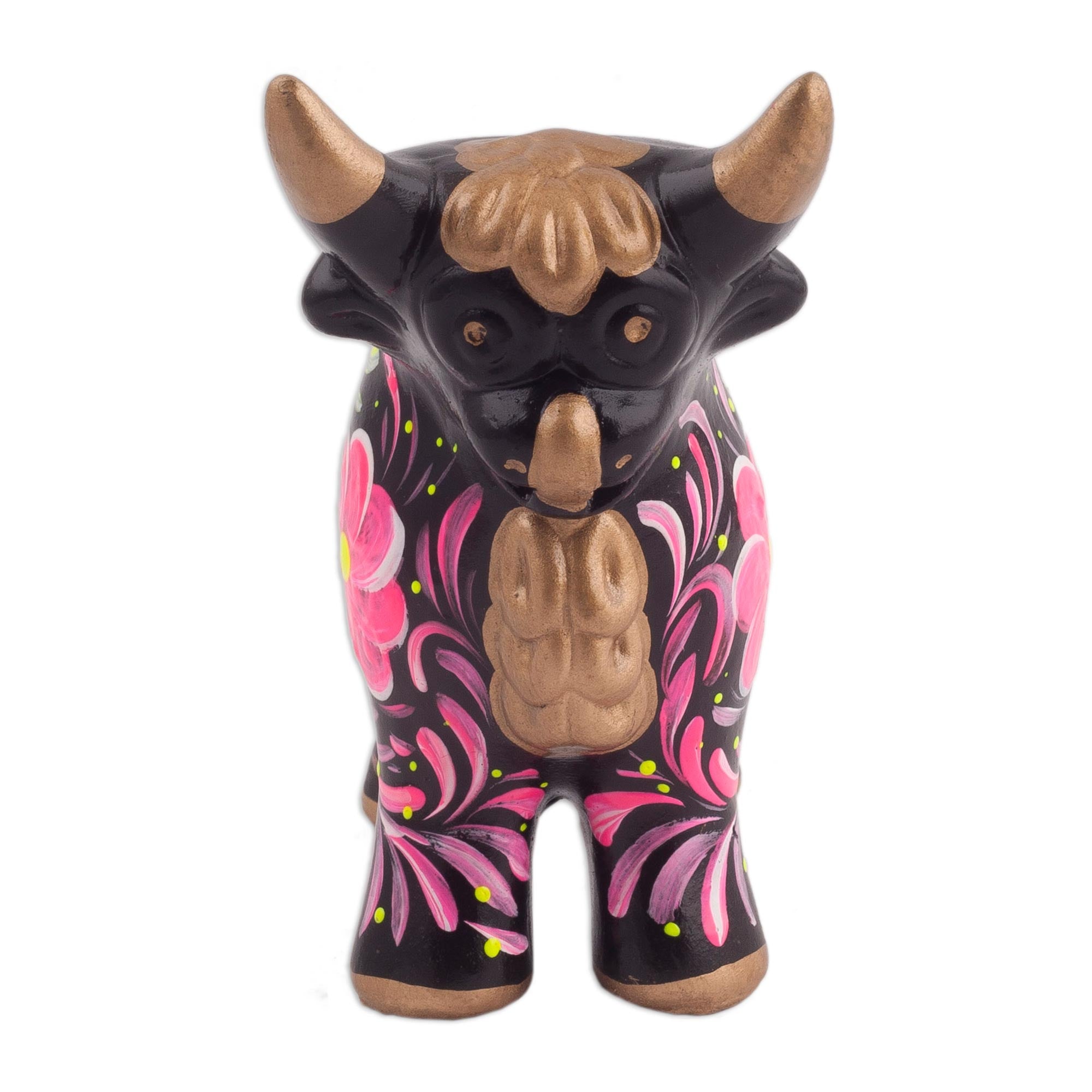 Premium Black Ceramic Pucara Bull Sculpture - Handcrafted Floral Design from Peru