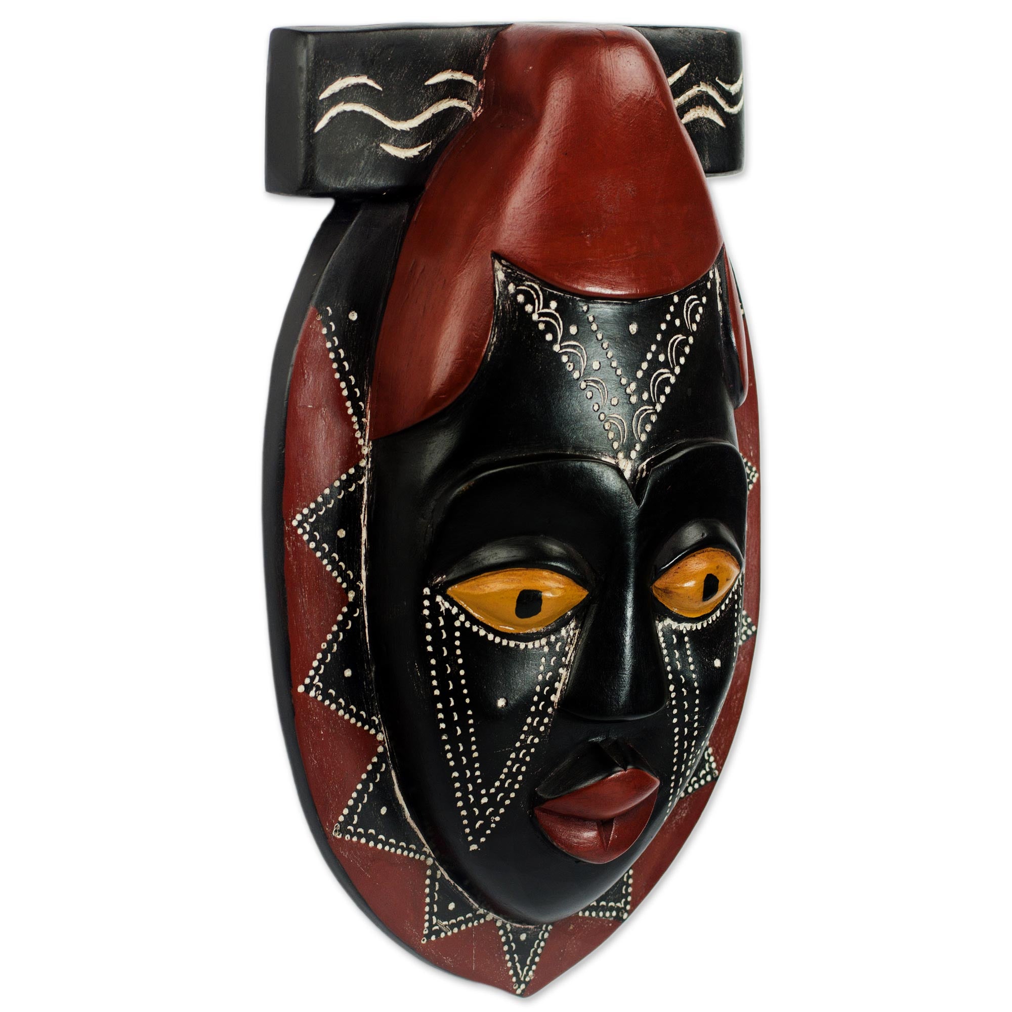 Premium Hand-Carved African Wood Mask - Buruwa Black & Red by Ghana Artisan