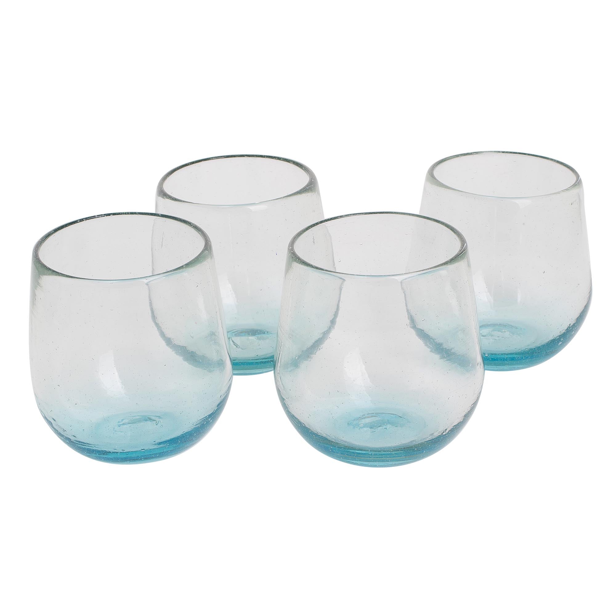 Premium Set of 4 Recycled Glass Stemless Wine Glasses - Glistening Sea Blue