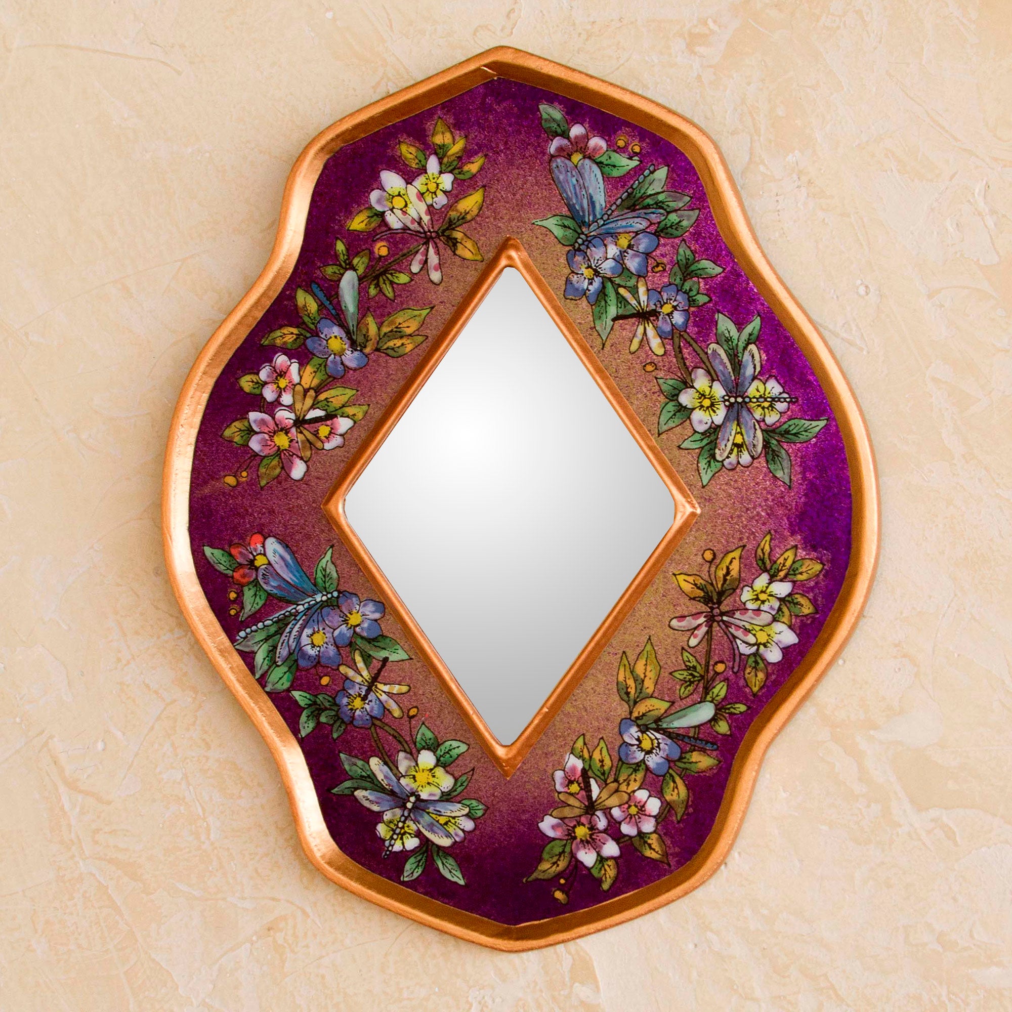 Premium Purple Garden Reverse Painted Glass Wall Mirror - Handcrafted Elegance