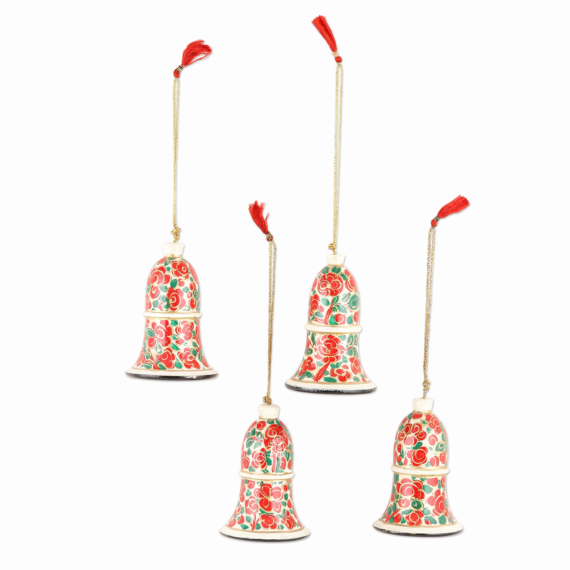 Premium Handmade Kashmir Bells - Set of 4 Unique Papier Mache Ornaments from India