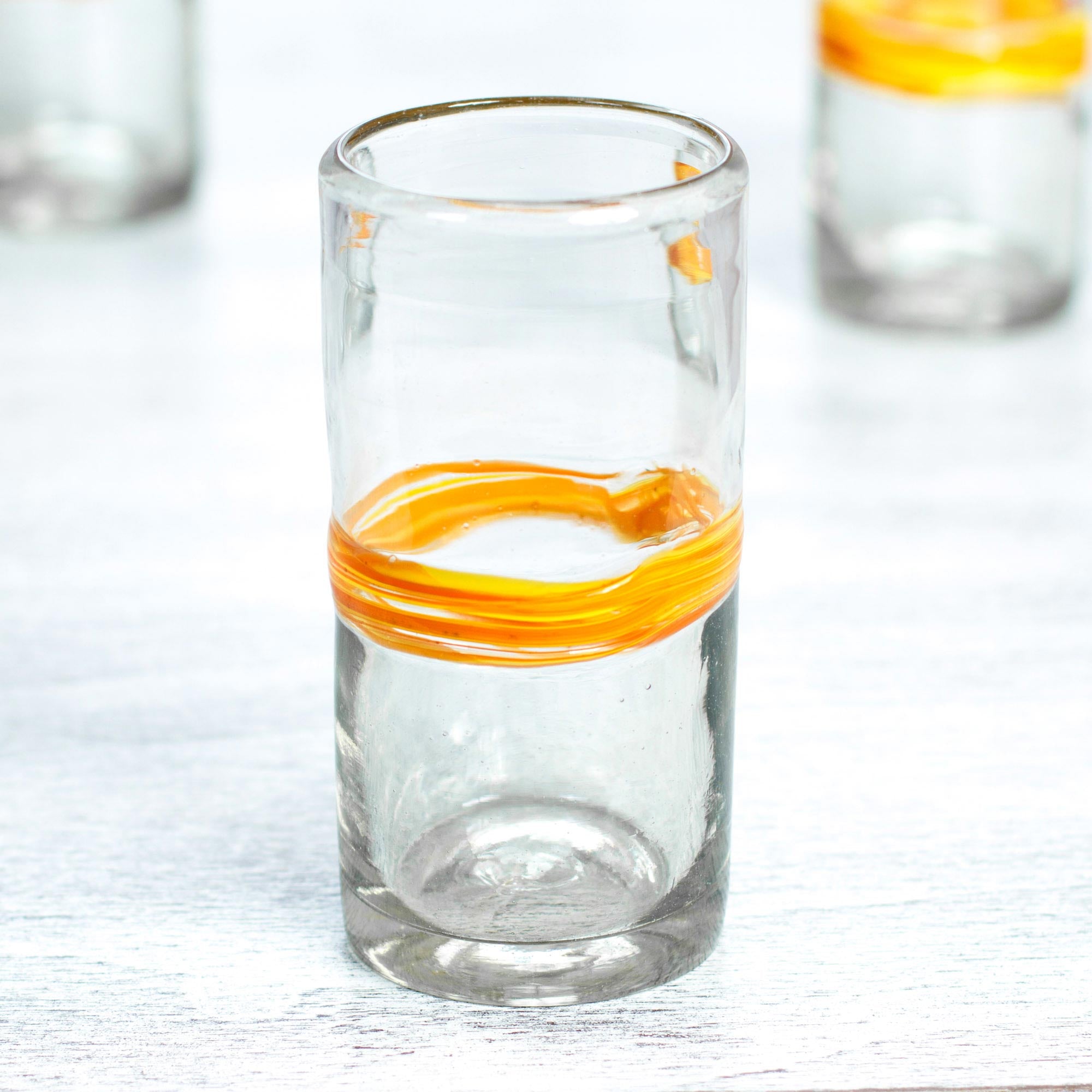 Premium Ribbon of Sunshine: Set of 6 Handcrafted Recycled Glass Tumblers with Vibrant Orange Stripe