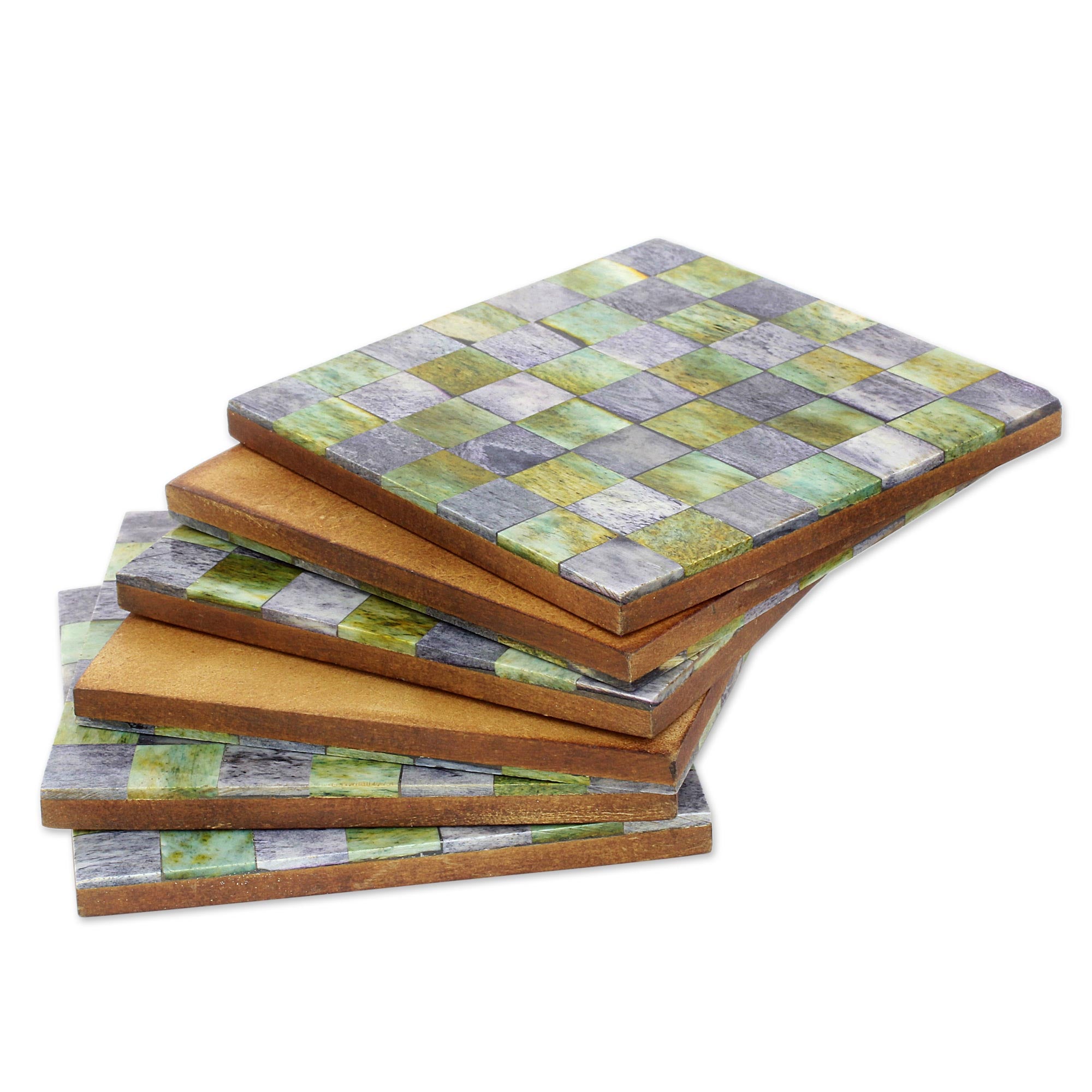 Premium Handcrafted Green & Grey Checkerboard Bone Coasters - Set of 6