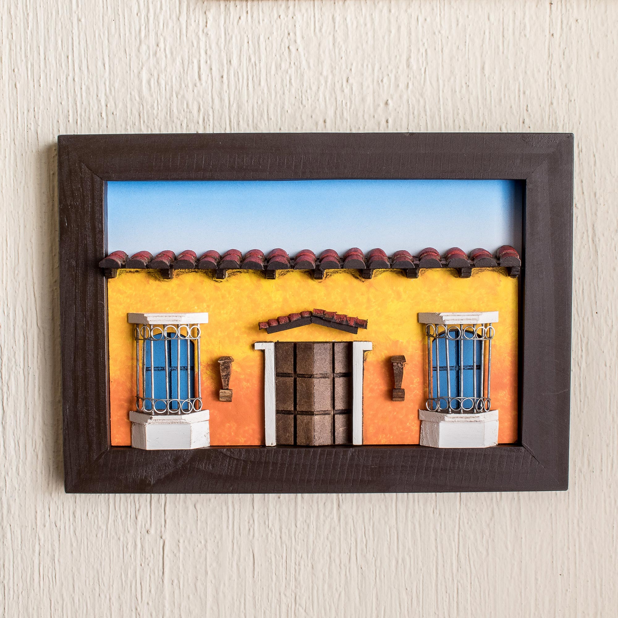 Premium Salvadoran Handcrafted Wooden House Facade Diorama - Yellow & Red