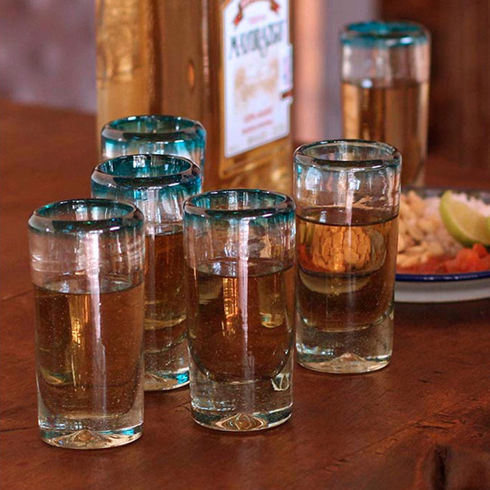 Premium Aquamarine Hand-Blown Tequila Shot Glasses Set of 6 - Ultimate Party Upgrade