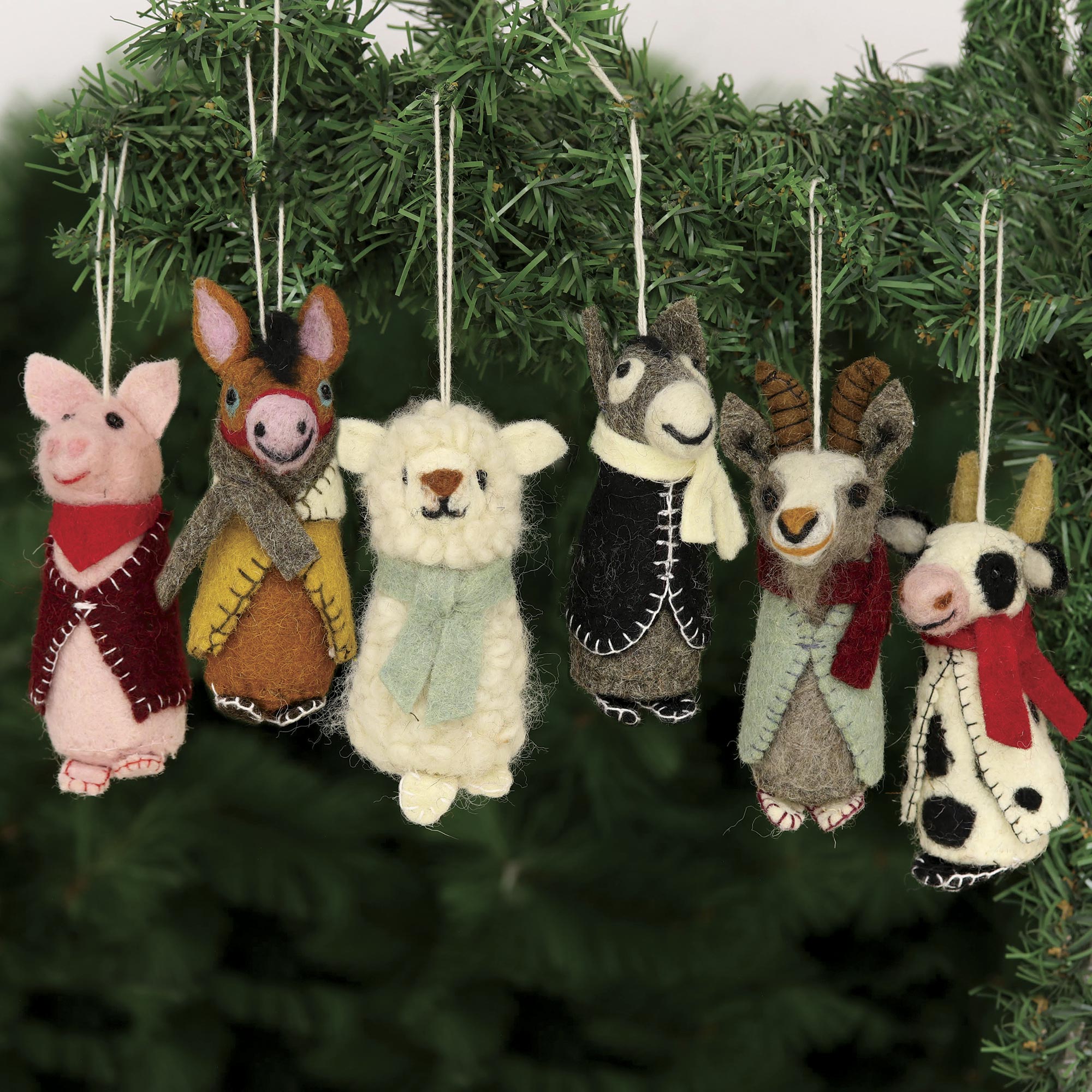 Premium Handcrafted Wool Animal Holiday Ornaments - Barnyard Bunch (Set of 6)