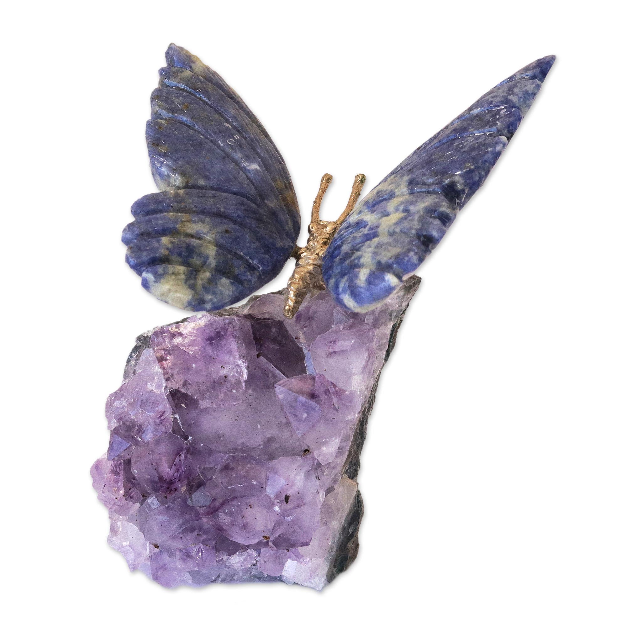 Premium Blue Morpho Butterfly Sculpture - Handcrafted Sodalite & Amethyst Art Piece