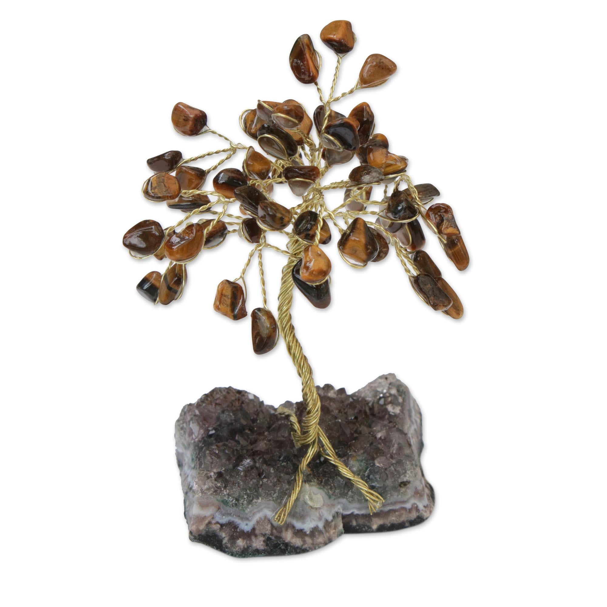 Premium Tiger's Eye & Amethyst Gemstone Tree Sculpture - Handcrafted in Brazil