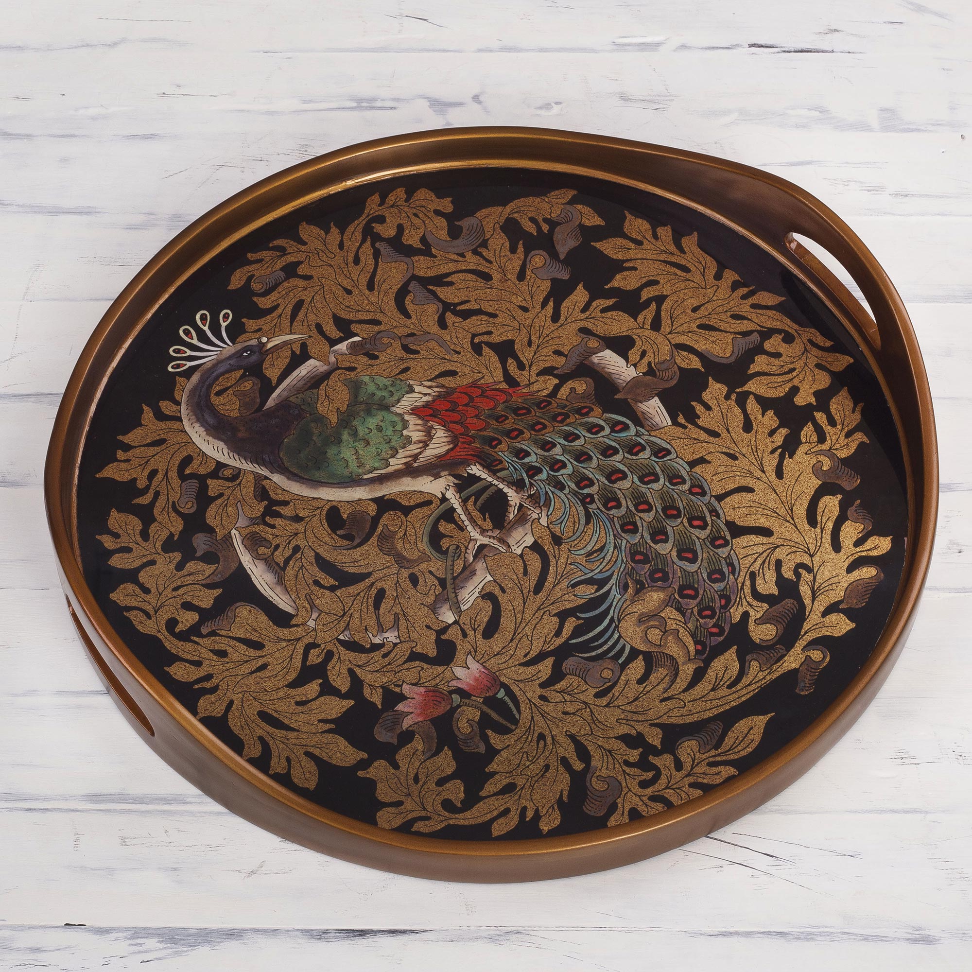 Premium Mystic Peacock Reverse-Painted Glass Tray – Handcrafted in Peru