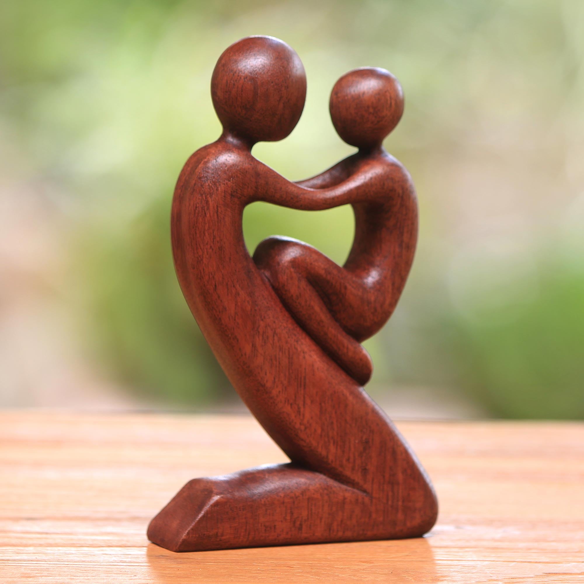 Premium Hand-Carved Suar Wood Father & Child Sculpture - Bali Artisan Craft
