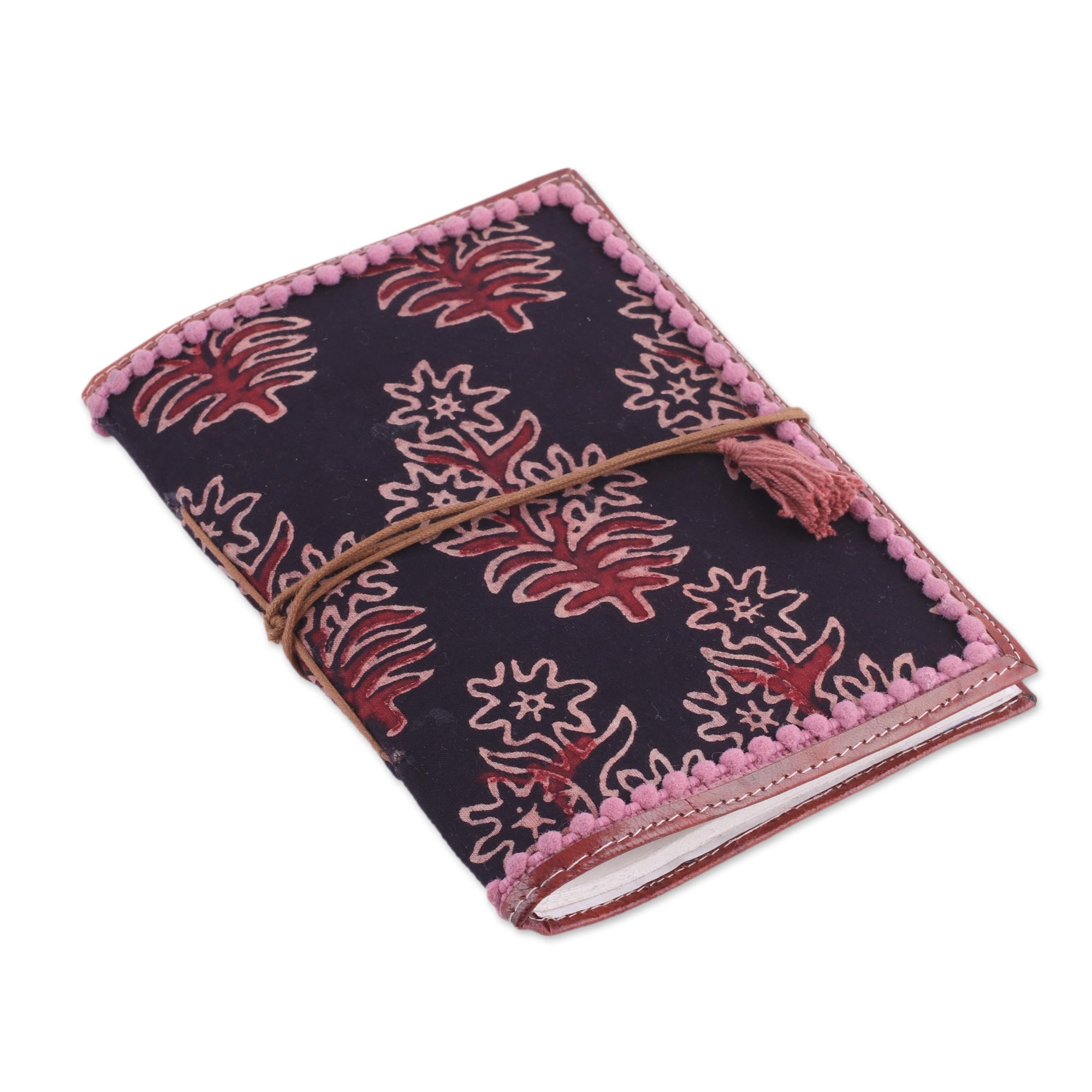 Premium Onyx Garden Floral Leather Journal - Handcrafted Cotton Notebook from India
