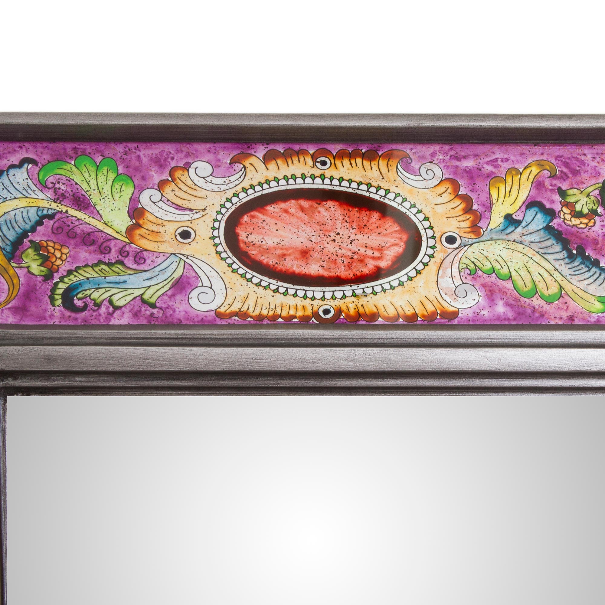 Premium Floral Medallions Reverse-Painted Glass Wall Mirror – Handcrafted in Peru