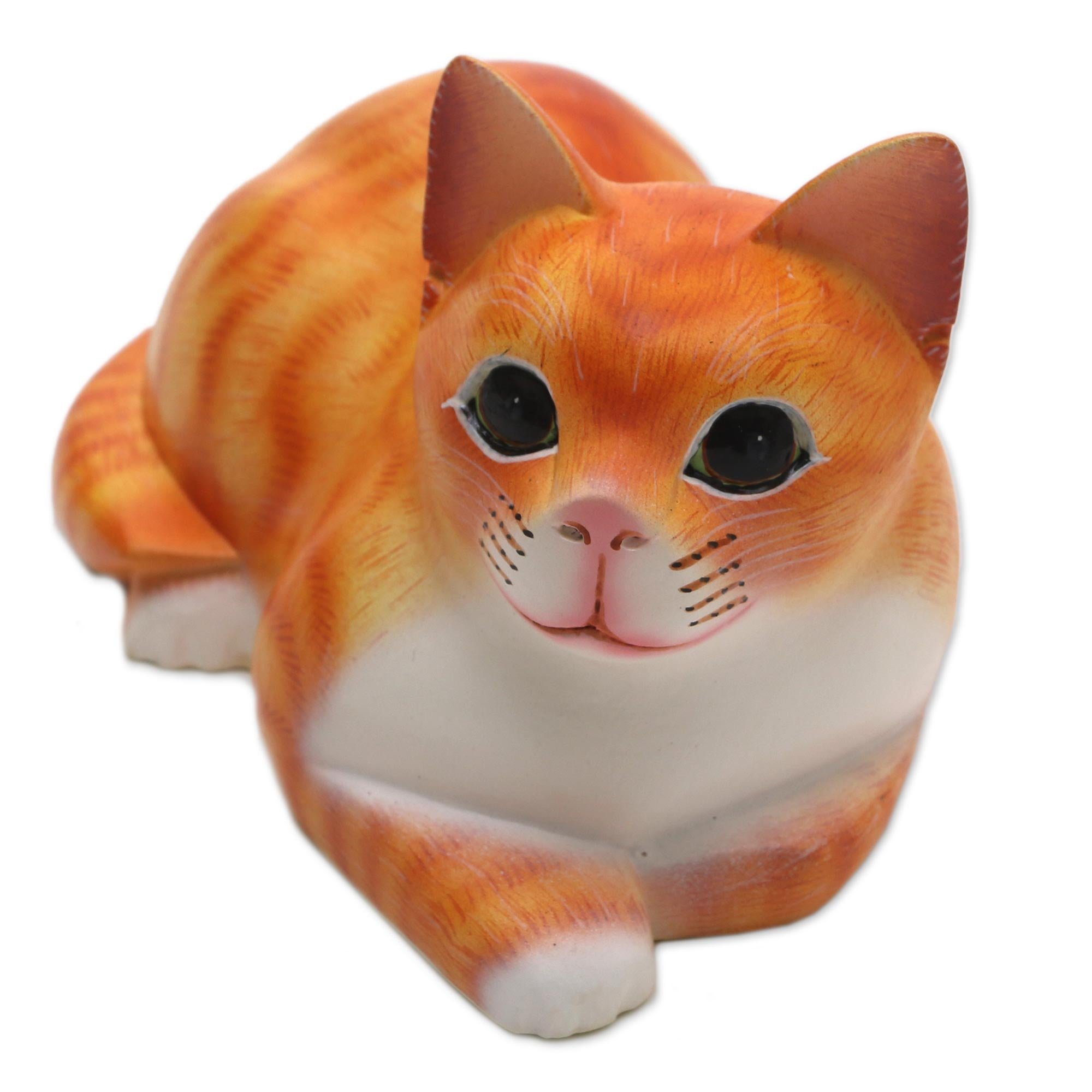 Premium Hand-Carved Orange Lying Cat Sculpture - Signed Balinese Art Piece