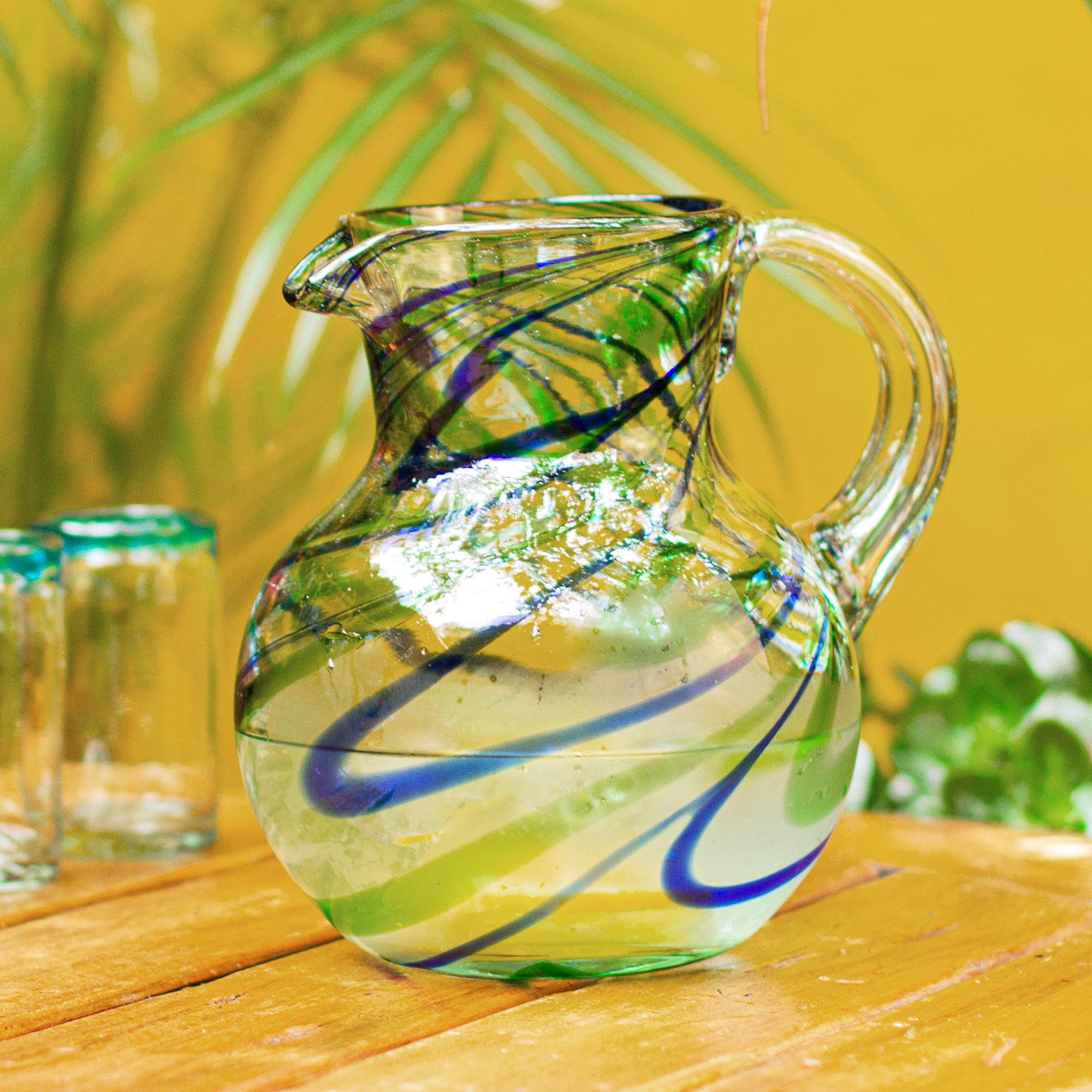 Premium Handcrafted Blue & Green Swirl Glass Pitcher - 84 oz | Artisan Mexican Design