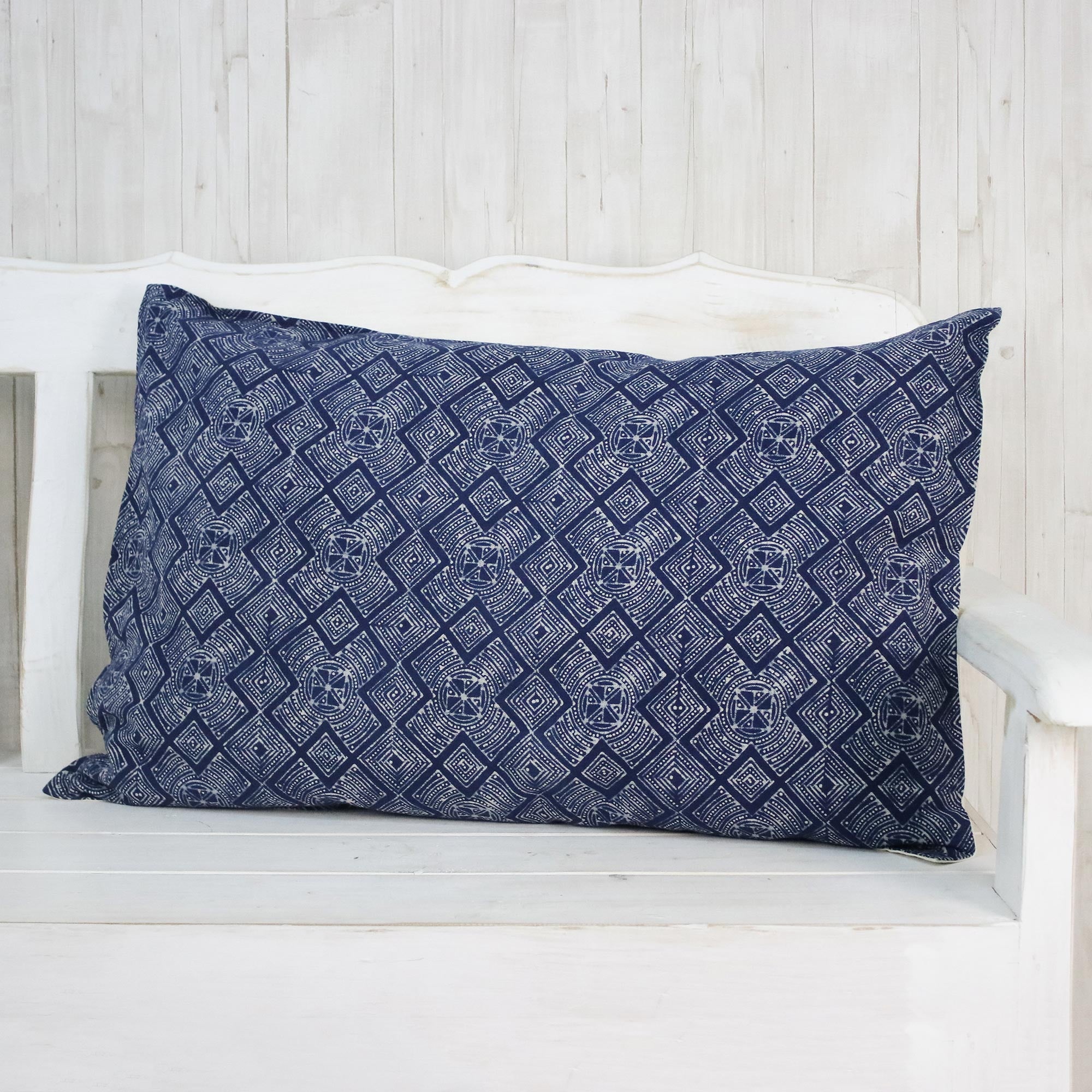 Premium Indigo Geometric Batik Cotton Pillow Sham – Handcrafted in Thailand